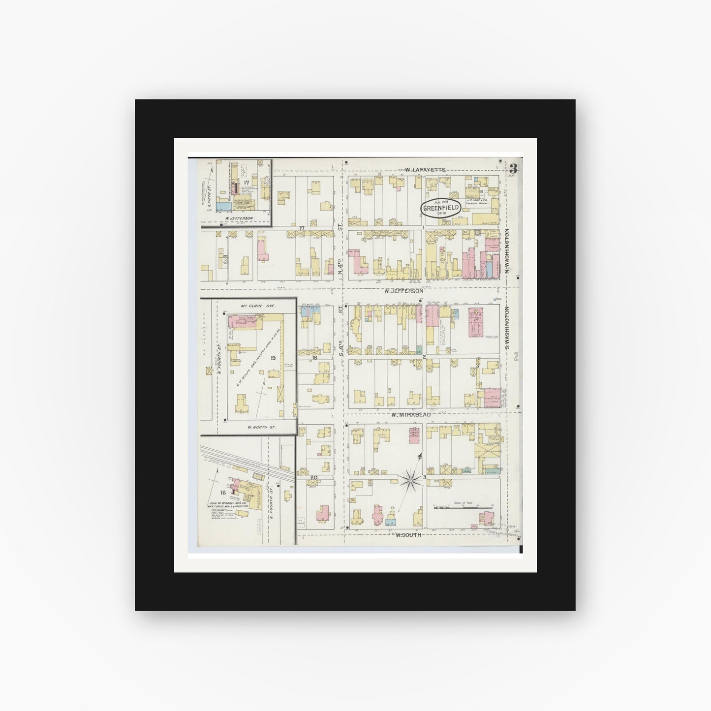 Old map wall art mockup — black gallery frame with white mat — Sanborn Fire Insurance Map from Greenfield, Highland County, Ohio (1893), Sheet #0003