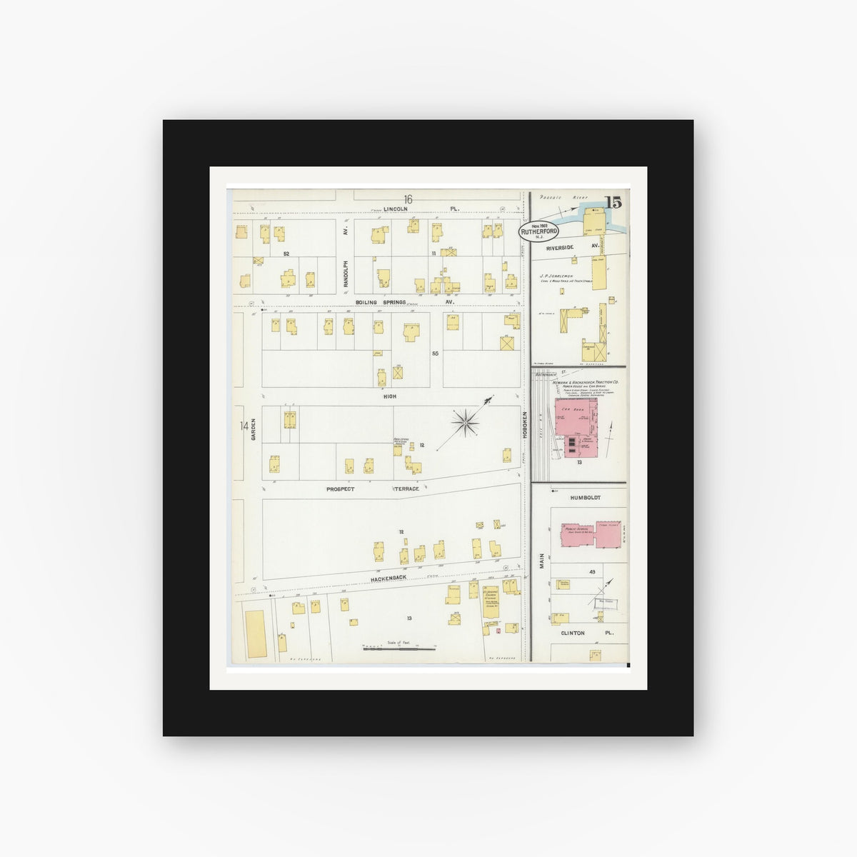 Old map wall art mockup — black gallery frame with white mat — Sanborn Fire Insurance Map from Rutherford, Bergen County, New Jersey (1902), Sheet #0015