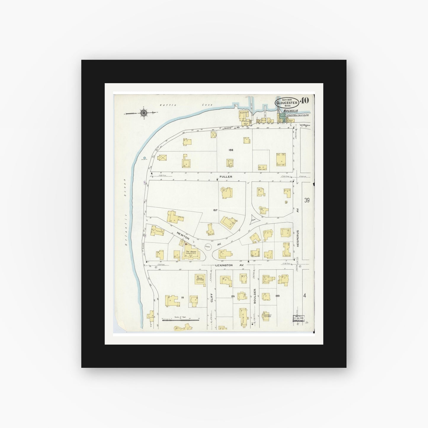 Old map wall art mockup — black gallery frame with white mat — Sanborn Fire Insurance Map from Gloucester, Essex County, Massachusetts (1909), Sheet #0040
