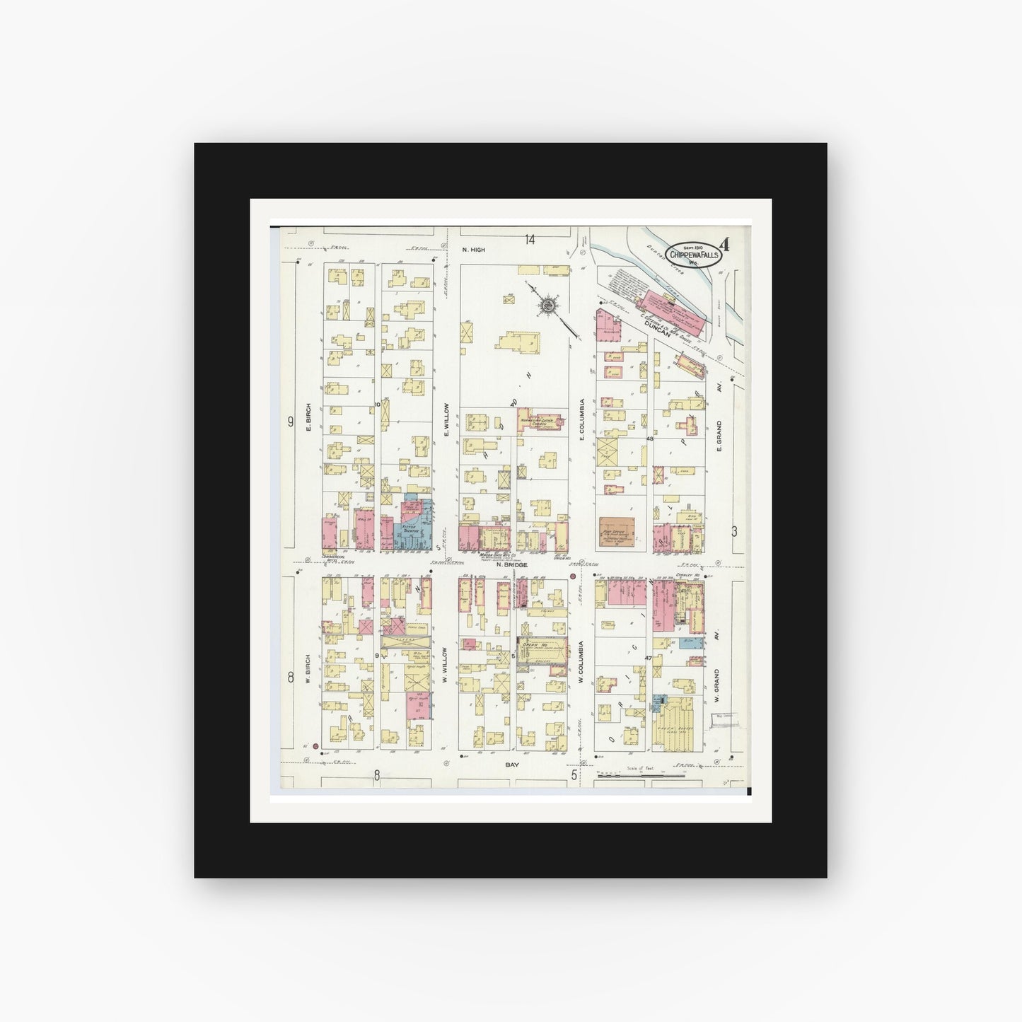 Old map wall art mockup — black gallery frame with white mat — Sanborn Fire Insurance Map from Chippewa Falls, Chippewa County, Wisconsin (1910), Sheet #0004