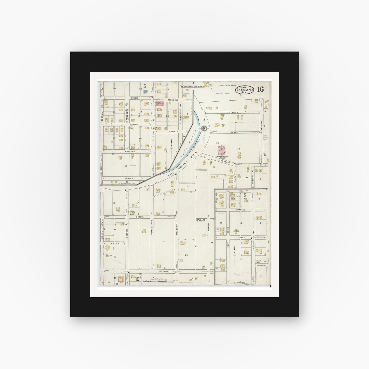 Old map wall art mockup — black gallery frame with white mat — Sanborn Fire Insurance Map from Lakeland, Polk County, Florida (1917), Sheet #0016