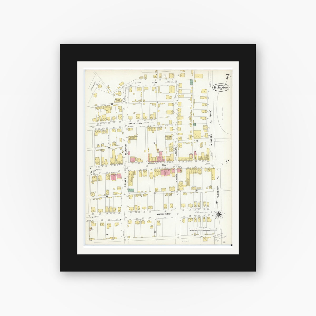 Old map wall art mockup — black gallery frame with white mat — Sanborn Fire Insurance Map from Mount Pleasant, Westmoreland County, Pennsylvania (1908), Sheet #0007