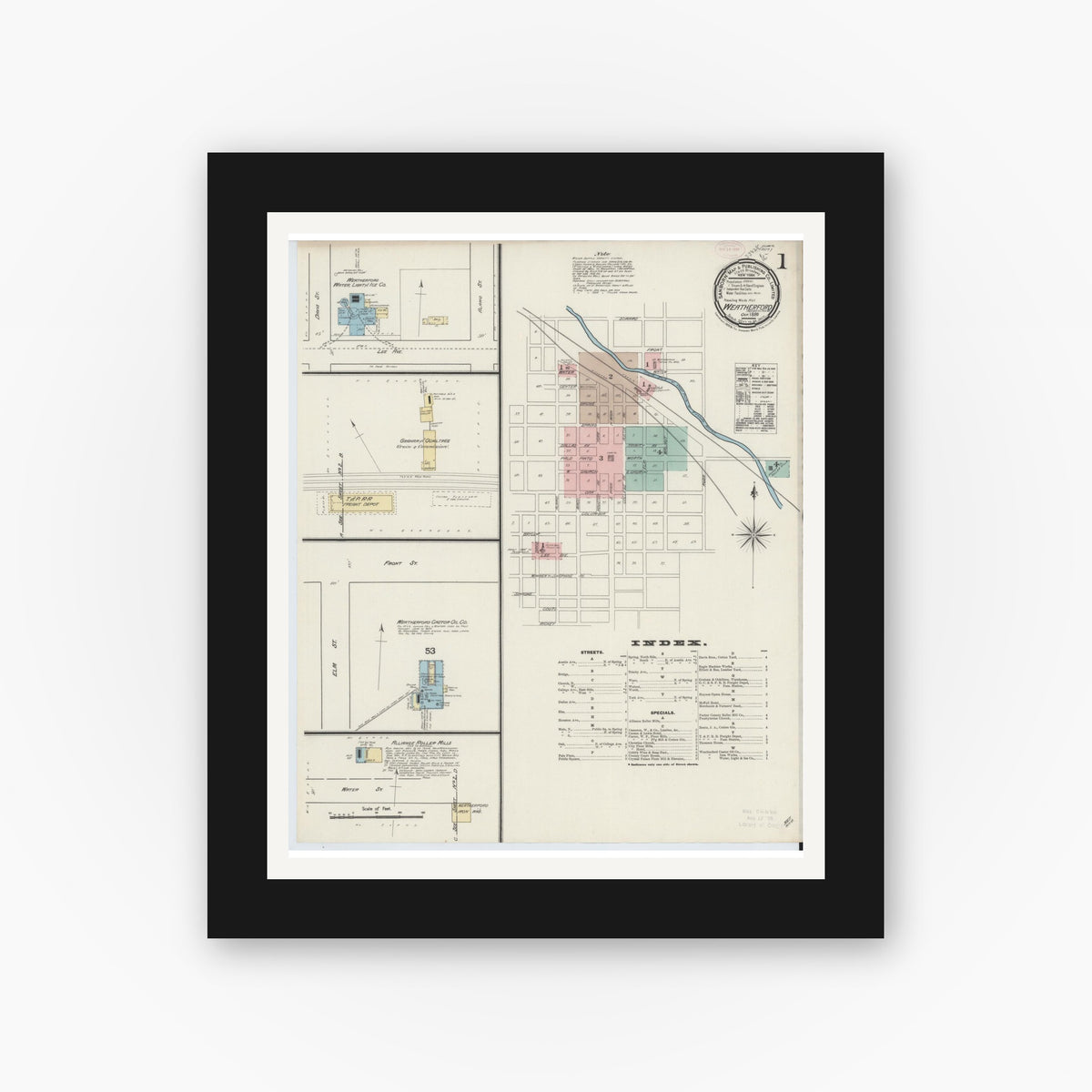 Old map wall art mockup — black gallery frame with white mat — Sanborn Fire Insurance Map from Weatherford, Parker County, Texas (1889) - Complete Map Set