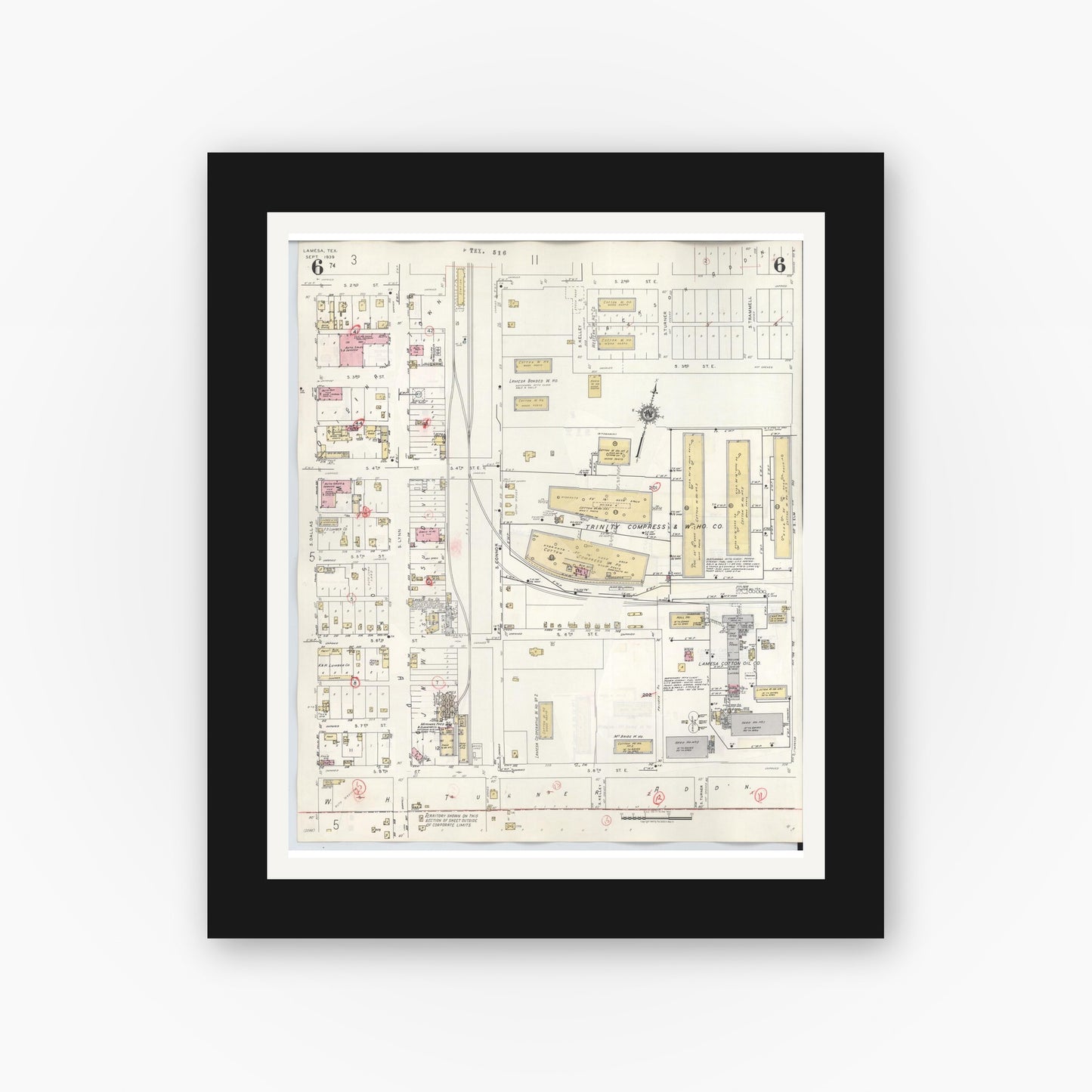 Old map wall art mockup — black gallery frame with white mat — Sanborn Fire Insurance Map from Lamesa, Dawson County, Texas (1948), Sheet #0006