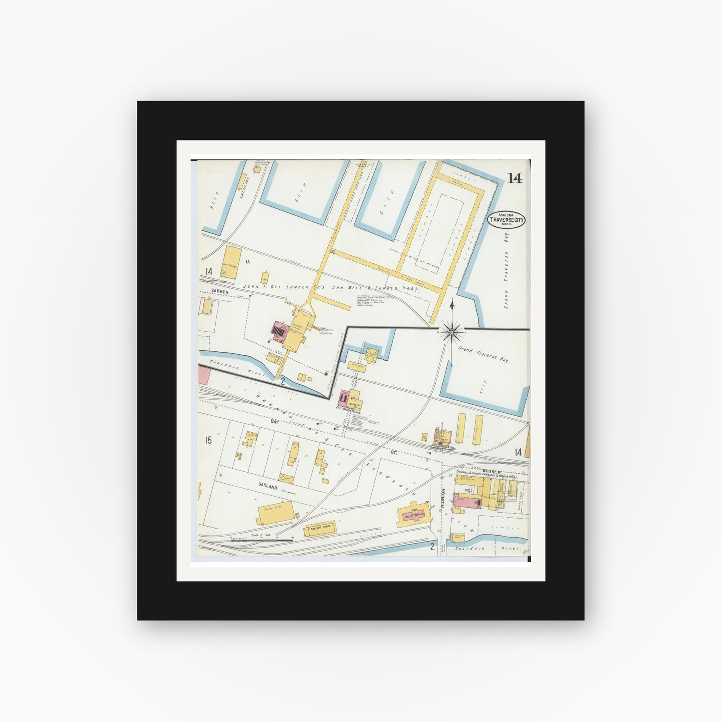 Old map wall art mockup — black gallery frame with white mat — Sanborn Fire Insurance Map from Traverse City, Grand Traverse County, Michigan (1904), Sheet #0014