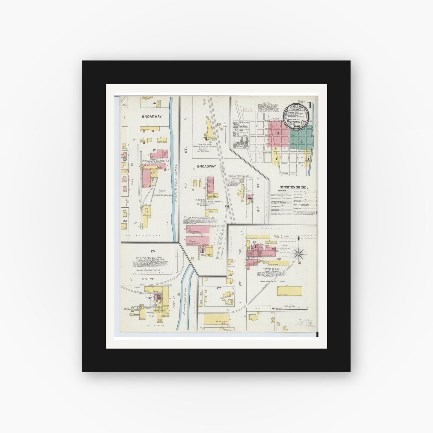 Old map wall art mockup — black gallery frame with white mat — Sanborn Fire Insurance Map from Tipp City, Miami County, Ohio (1892), Sheet #0001