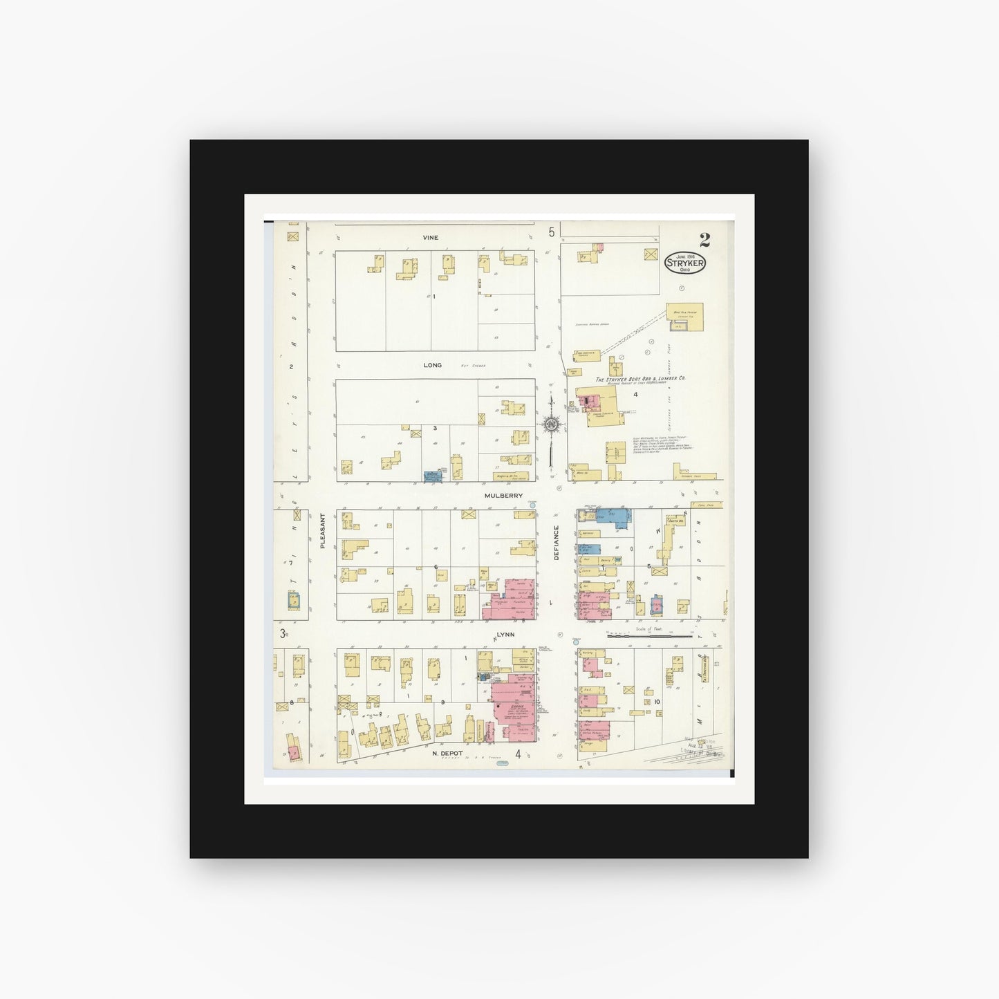 Old map wall art mockup — black gallery frame with white mat — Sanborn Fire Insurance Map from Stryker, Williams County, Ohio (1916), Sheet #0002