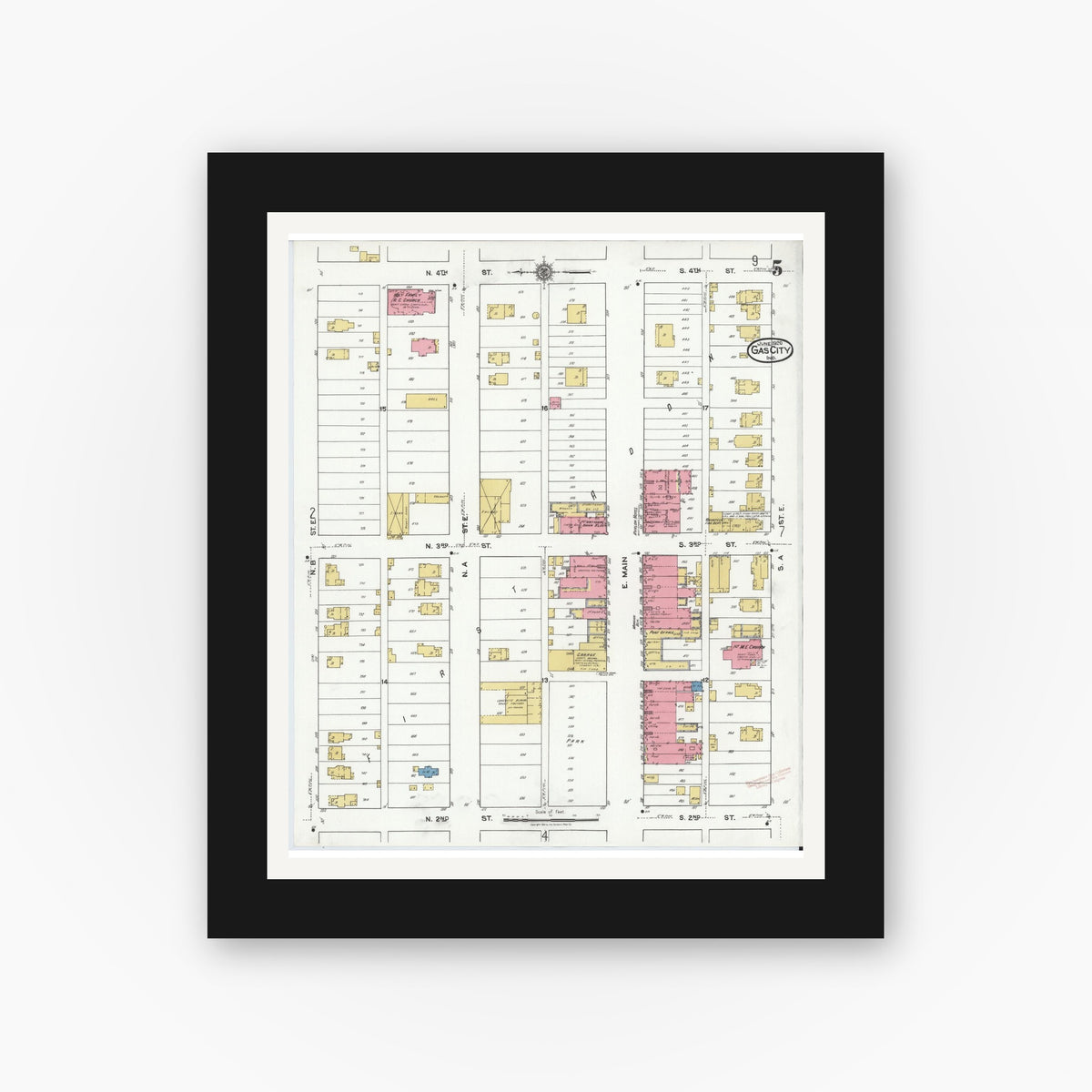 Old map wall art mockup — black gallery frame with white mat — Sanborn Fire Insurance Map from Gas City, Grant County, Indiana (1920), Sheet #0005