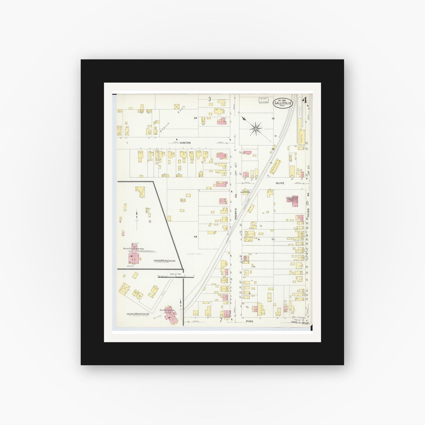 Old map wall art mockup — black gallery frame with white mat — Sanborn Fire Insurance Map from Gallipolis, Gallia County, Ohio (1908), Sheet #0004