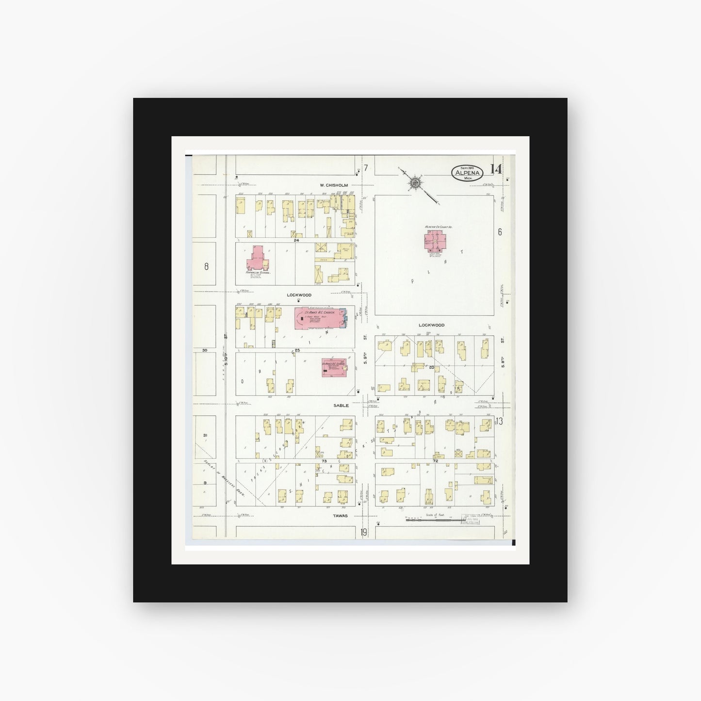 Old map wall art mockup — black gallery frame with white mat — Sanborn Fire Insurance Map from Alpena, Alpena County, Michigan (1910), Sheet #0014