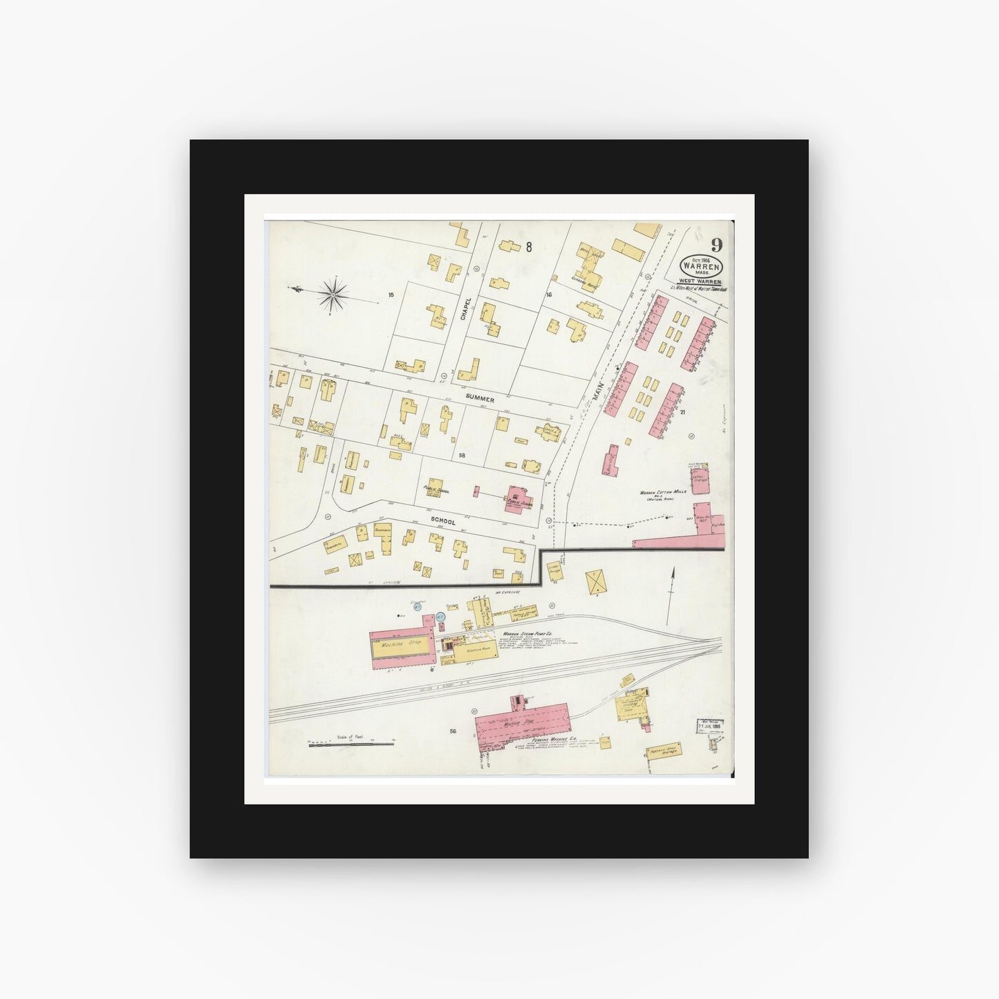 Old map wall art mockup — black gallery frame with white mat — Sanborn Fire Insurance Map from Warren, Worcester County, Massachusetts (1906), Sheet #0009