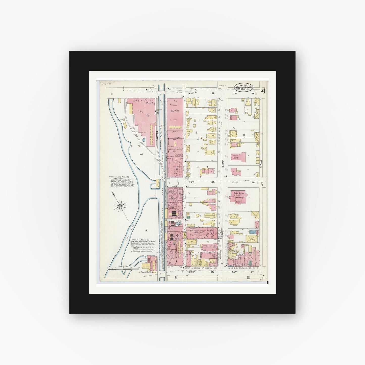 Old map wall art mockup — black gallery frame with white mat — Sanborn Fire Insurance Map from Middletown, Butler County, Ohio (1907), Sheet #0004