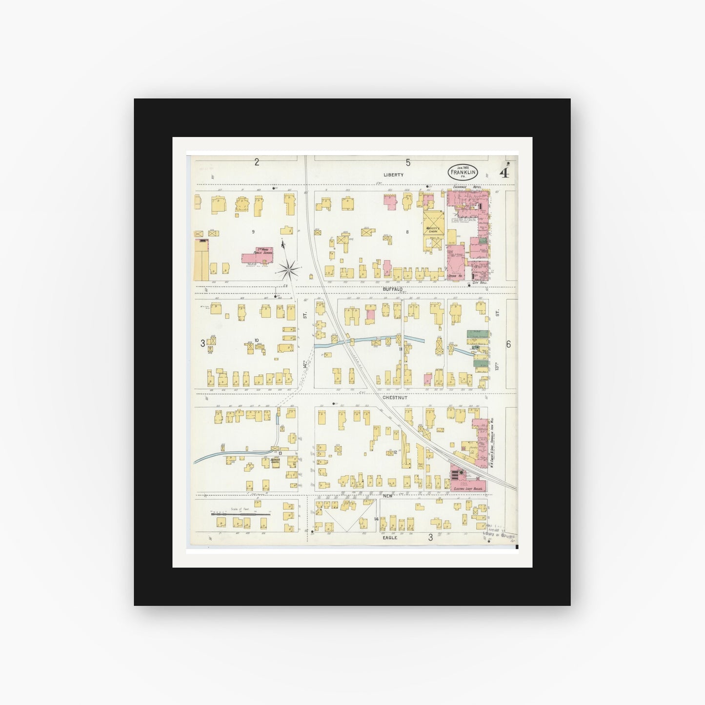 Old map wall art mockup — black gallery frame with white mat — Sanborn Fire Insurance Map from Franklin, Venango County, Pennsylvania (1901), Sheet #0004