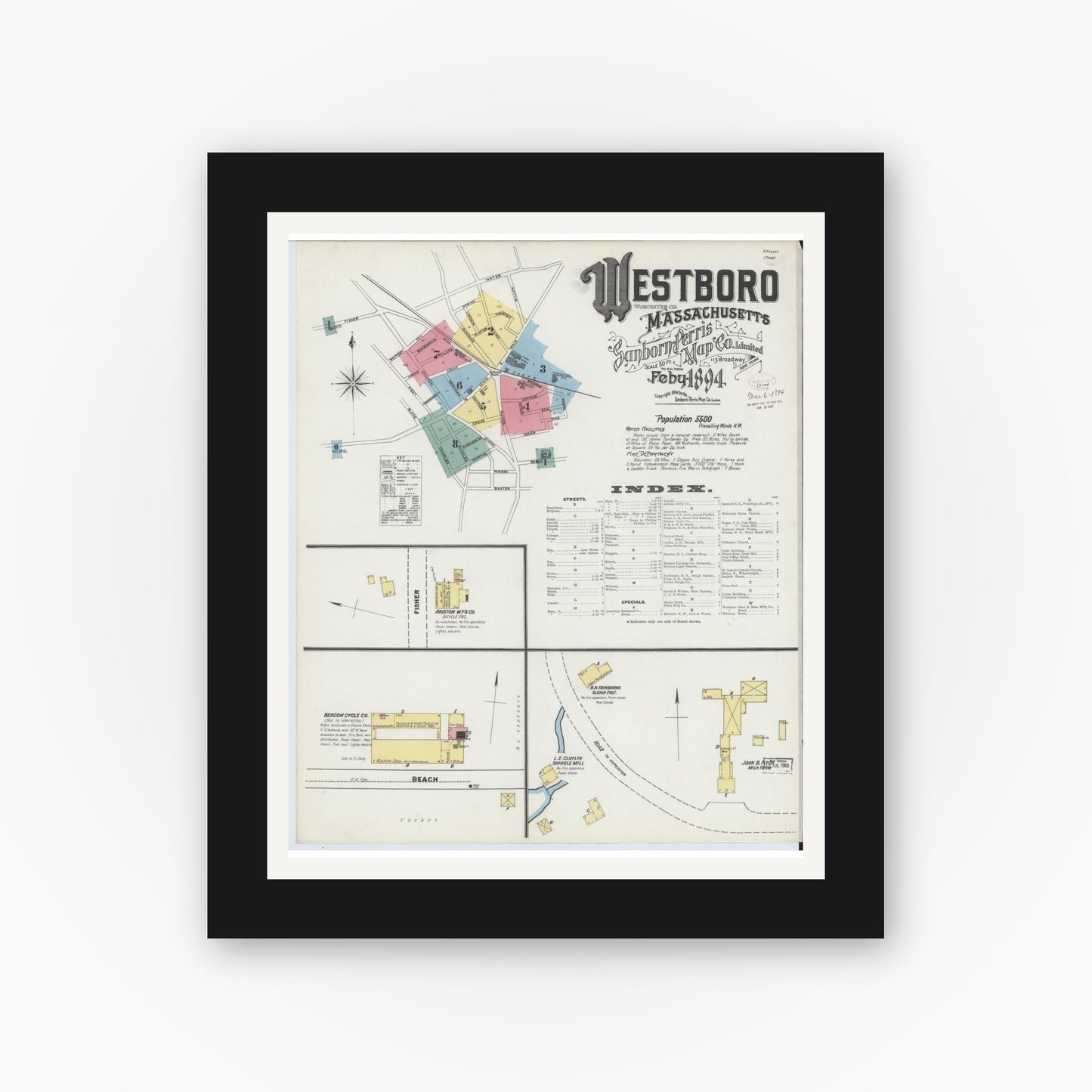 Old map wall art mockup — black gallery frame with white mat — Sanborn Fire Insurance Map from Westboro, Worcester County, Massachusetts (1894), Sheet #0001