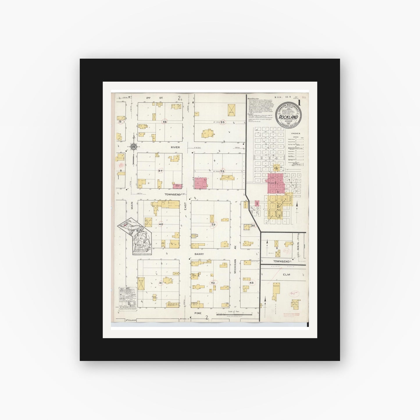 Old map wall art mockup β black gallery frame with white mat β Sanborn Fire Insurance Map from Rockland, Ontonagon County, Michigan (1917) - Complete Map Set