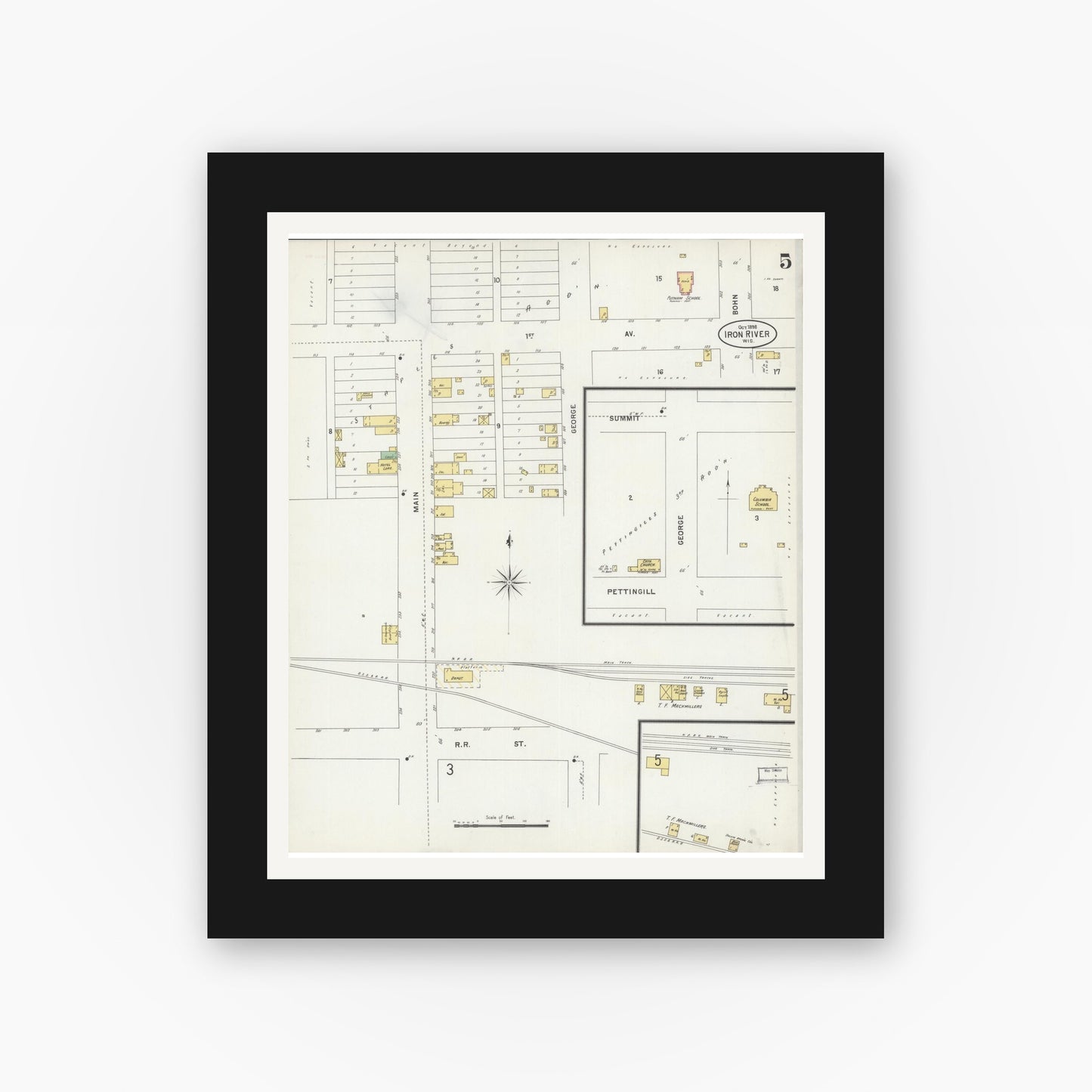 Old map wall art mockup — black gallery frame with white mat — Sanborn Fire Insurance Map from Iron River, Bayfield County, Wisconsin (1898), Sheet #0005