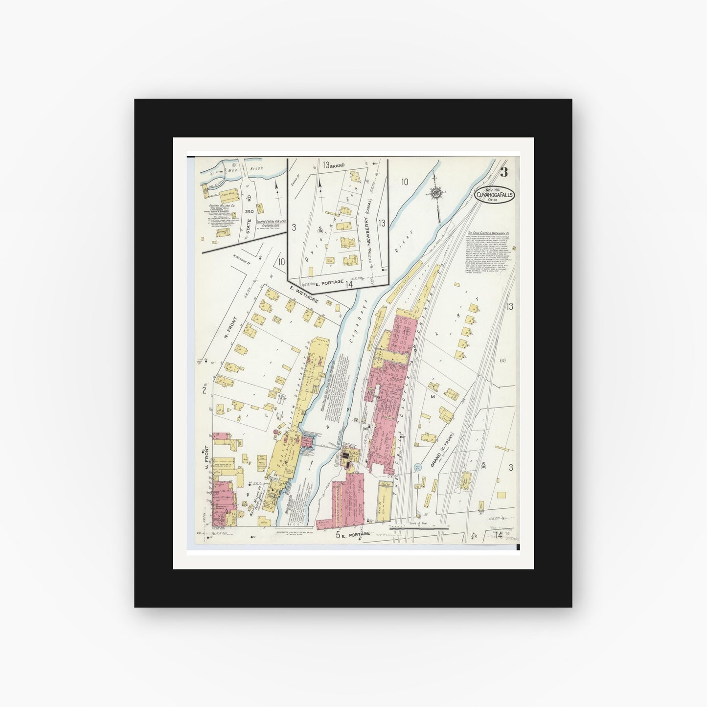 Old map wall art mockup — black gallery frame with white mat — Sanborn Fire Insurance Map from Cuyahoga Falls, Summit County, Ohio (1916), Sheet #0003