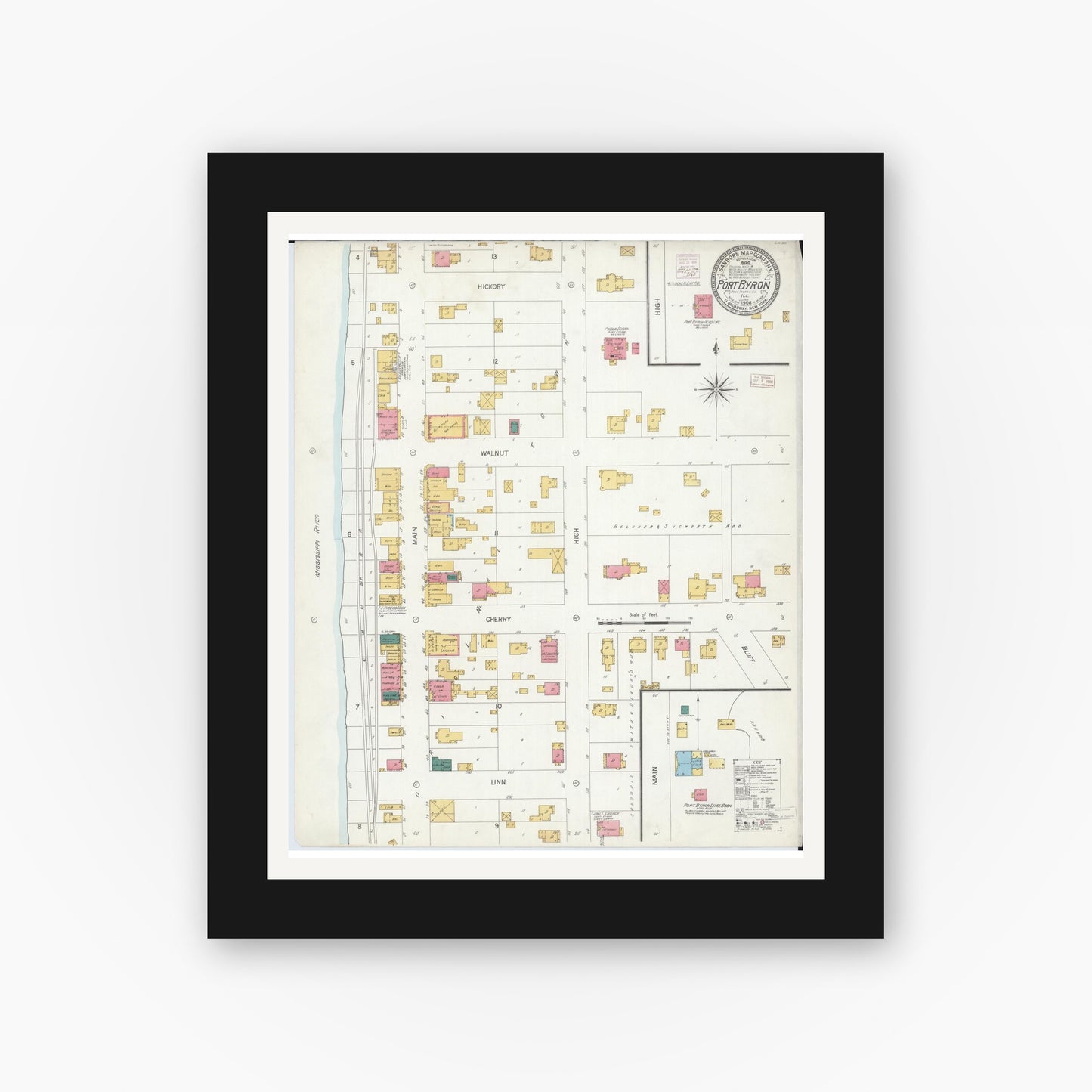 Old map wall art mockup — black gallery frame with white mat — Sanborn Fire Insurance Map from Port Byron, Rock Island County, Illinois (1906), Sheet #0001