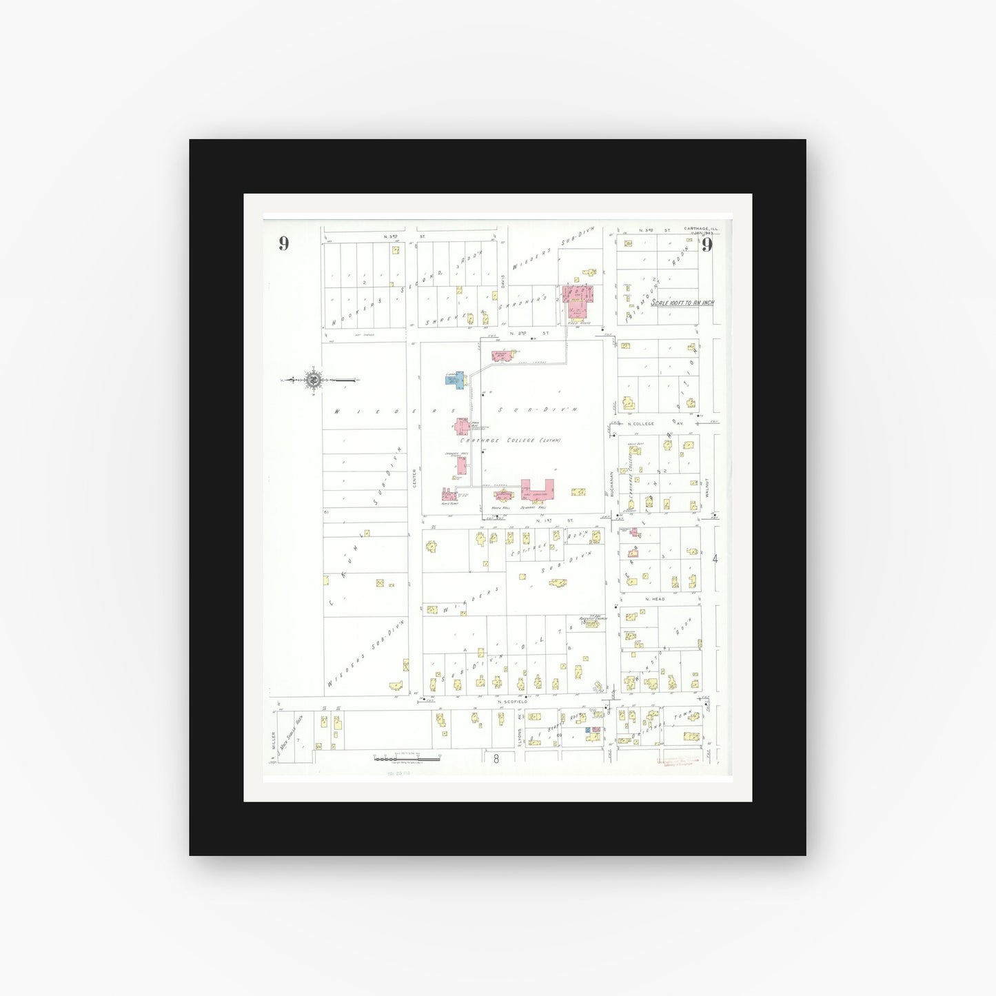 Old map wall art mockup — black gallery frame with white mat — Sanborn Fire Insurance Map from Carthage, Hancock County, Illinois (1943), Sheet #0009