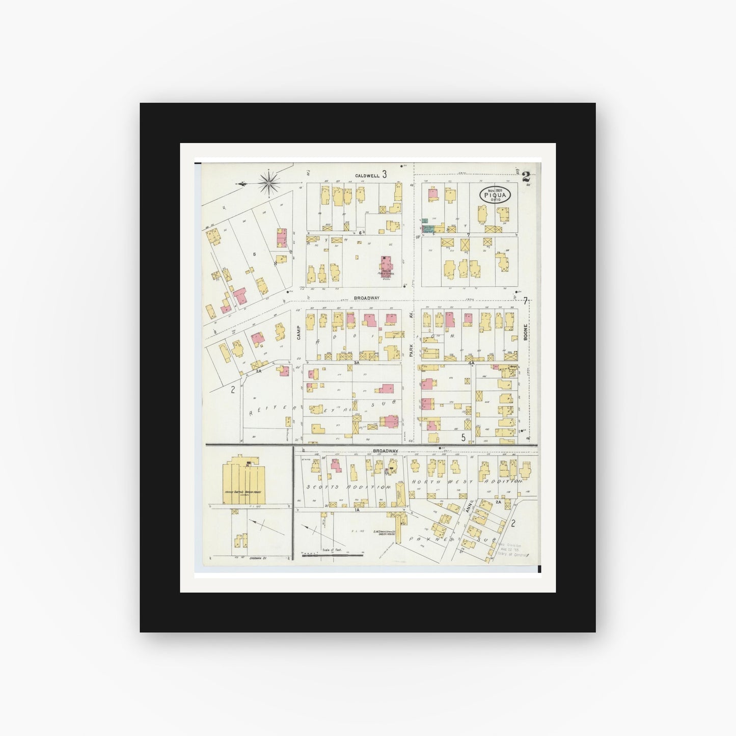 Old map wall art mockup — black gallery frame with white mat — Sanborn Fire Insurance Map from Piqua, Miami County, Ohio (1905), Sheet #0002