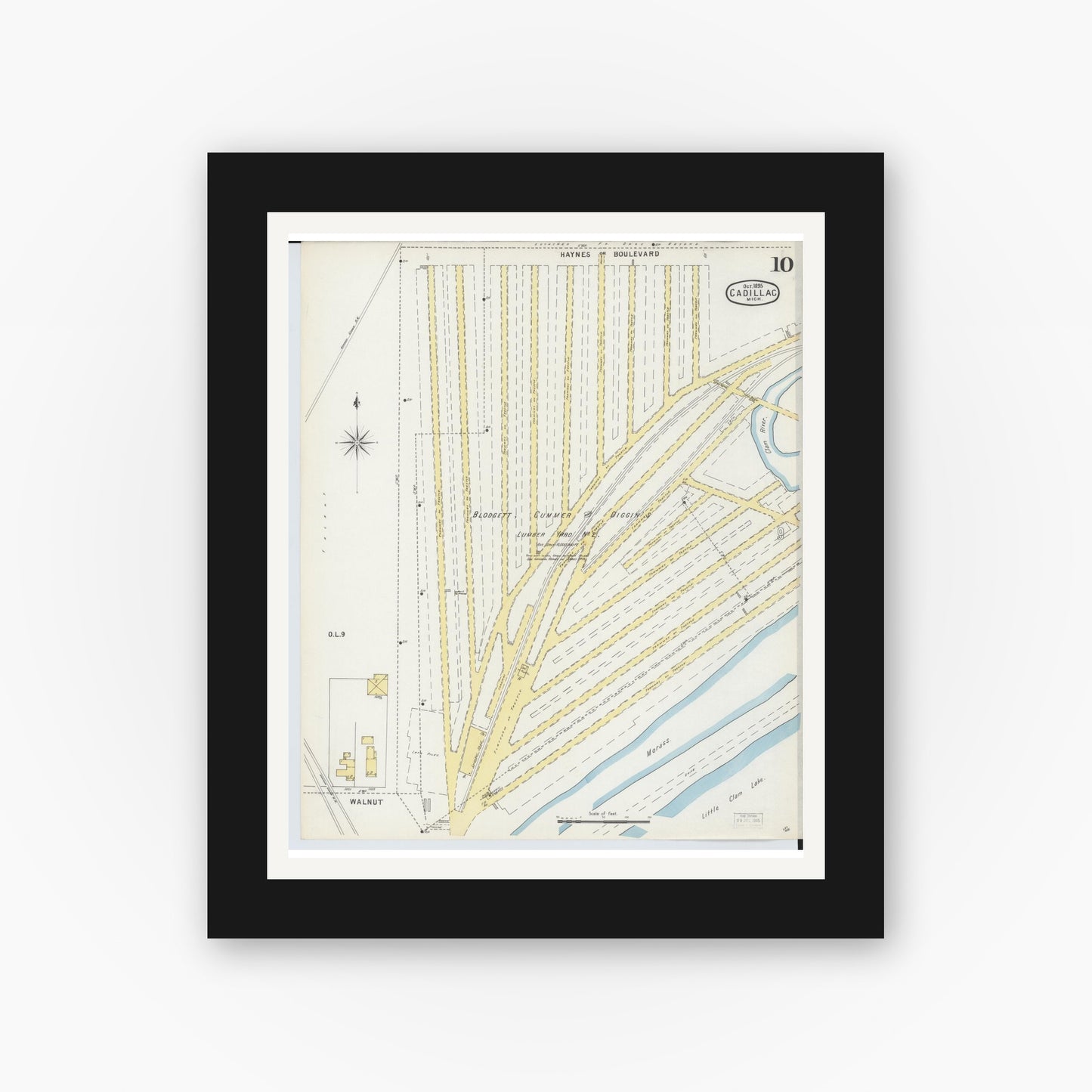 Old map wall art mockup — black gallery frame with white mat — Sanborn Fire Insurance Map from Cadillac, Wexford County, Michigan (1895), Sheet #0010