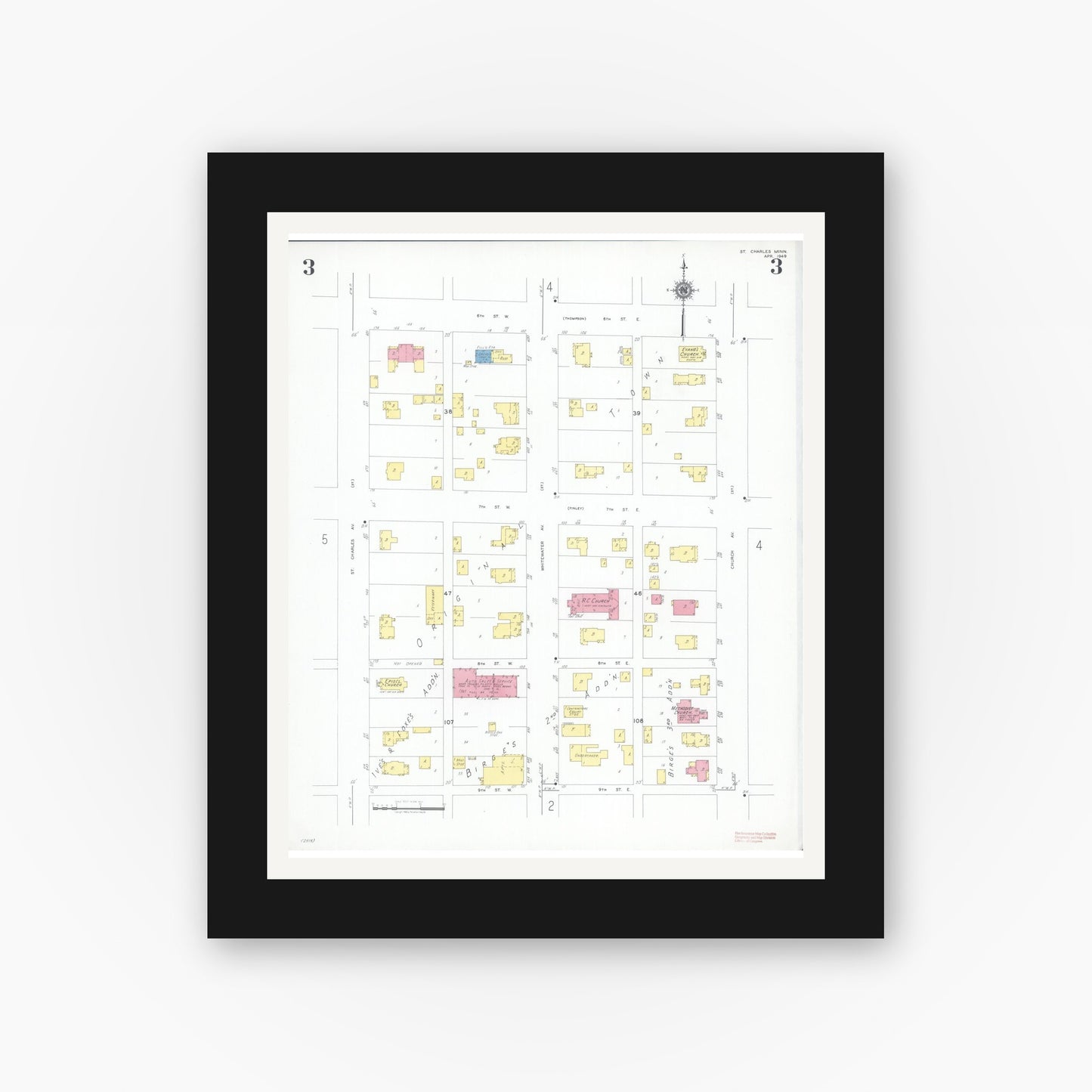 Old map wall art mockup — black gallery frame with white mat — Sanborn Fire Insurance Map from Saint Charles, Winona County, Minnesota (1949), Sheet #0003