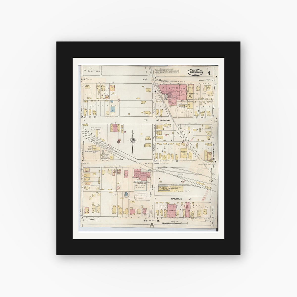 Old map wall art mockup — black gallery frame with white mat — Sanborn Fire Insurance Map from Huntingburg, Dubois County, Indiana (1949), Sheet #0004