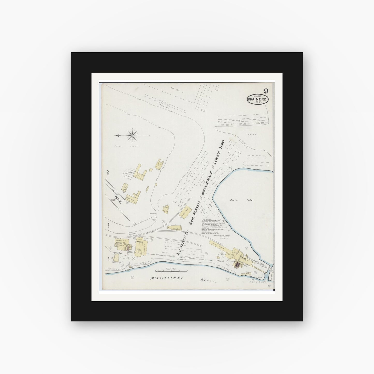 Old map wall art mockup — black gallery frame with white mat — Sanborn Fire Insurance Map from Brainerd, Crow Wing County, Minnesota (1889), Sheet #0009