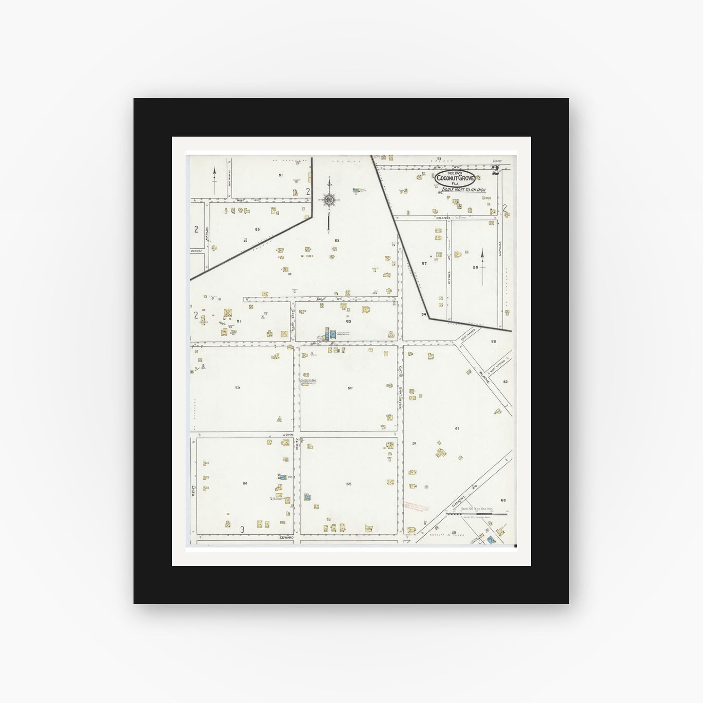 Old map wall art mockup — black gallery frame with white mat — Sanborn Fire Insurance Map from Coconut Grove, Dade County, Florida (1920), Sheet #0002