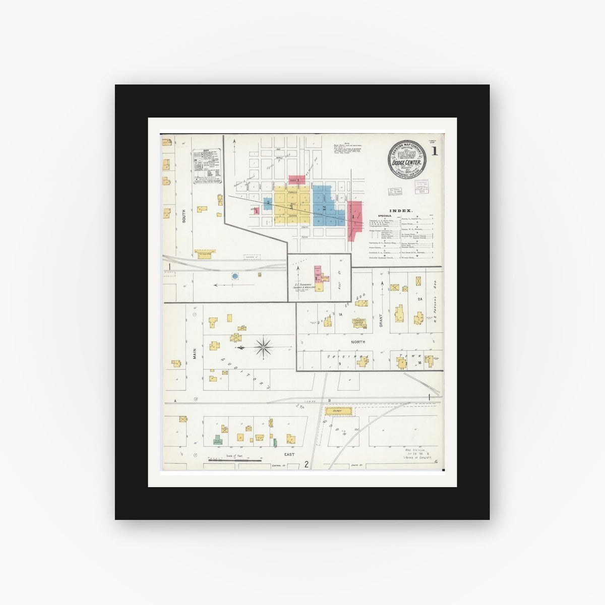 Old map wall art mockup — black gallery frame with white mat — Sanborn Fire Insurance Map from Dodge Center, Dodge County, Minnesota (1904) - Complete Map Set