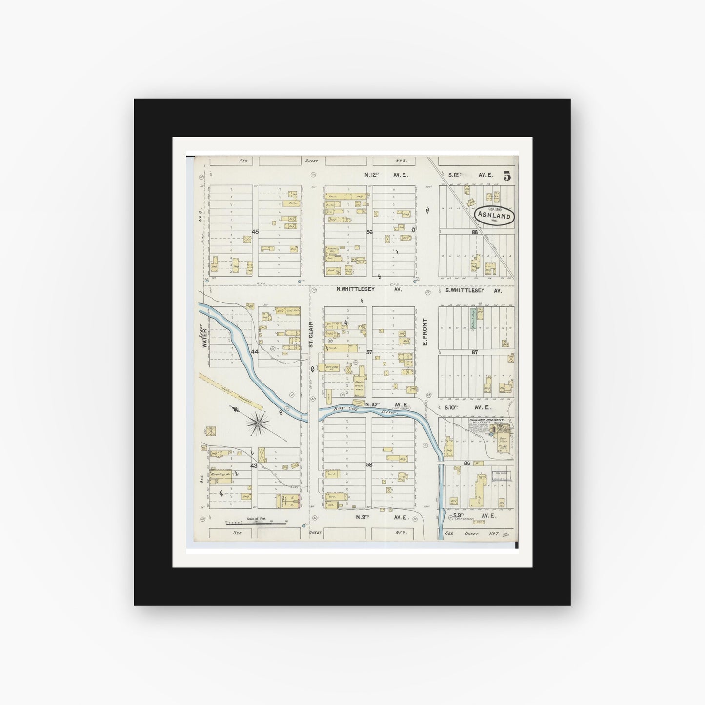 Old map wall art mockup — black gallery frame with white mat — Sanborn Fire Insurance Map from Ashland, Ashland County, Wisconsin (1890), Sheet #0005
