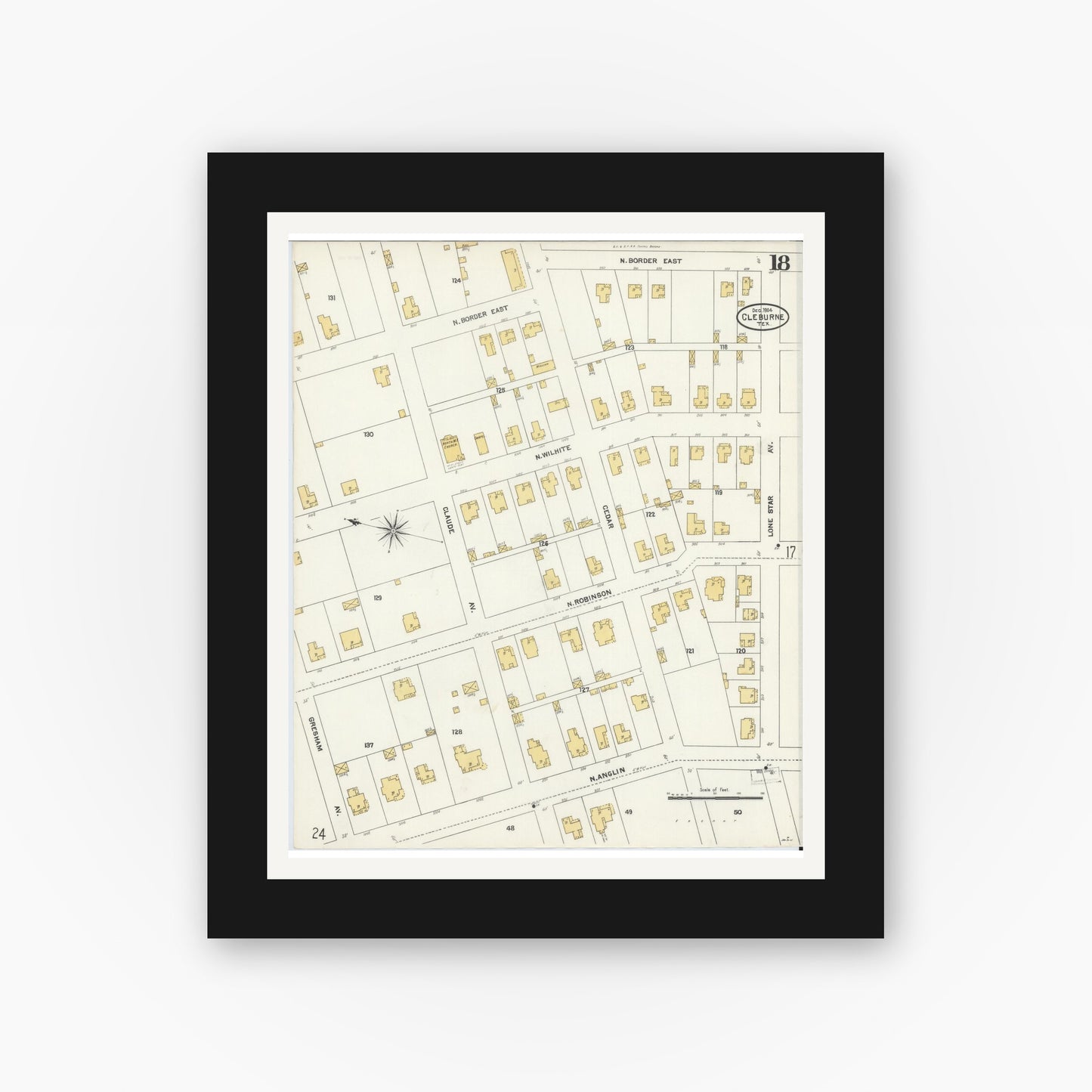 Old map wall art mockup — black gallery frame with white mat — Sanborn Fire Insurance Map from Cleburne, Johnson County, Texas (1904), Sheet #0018