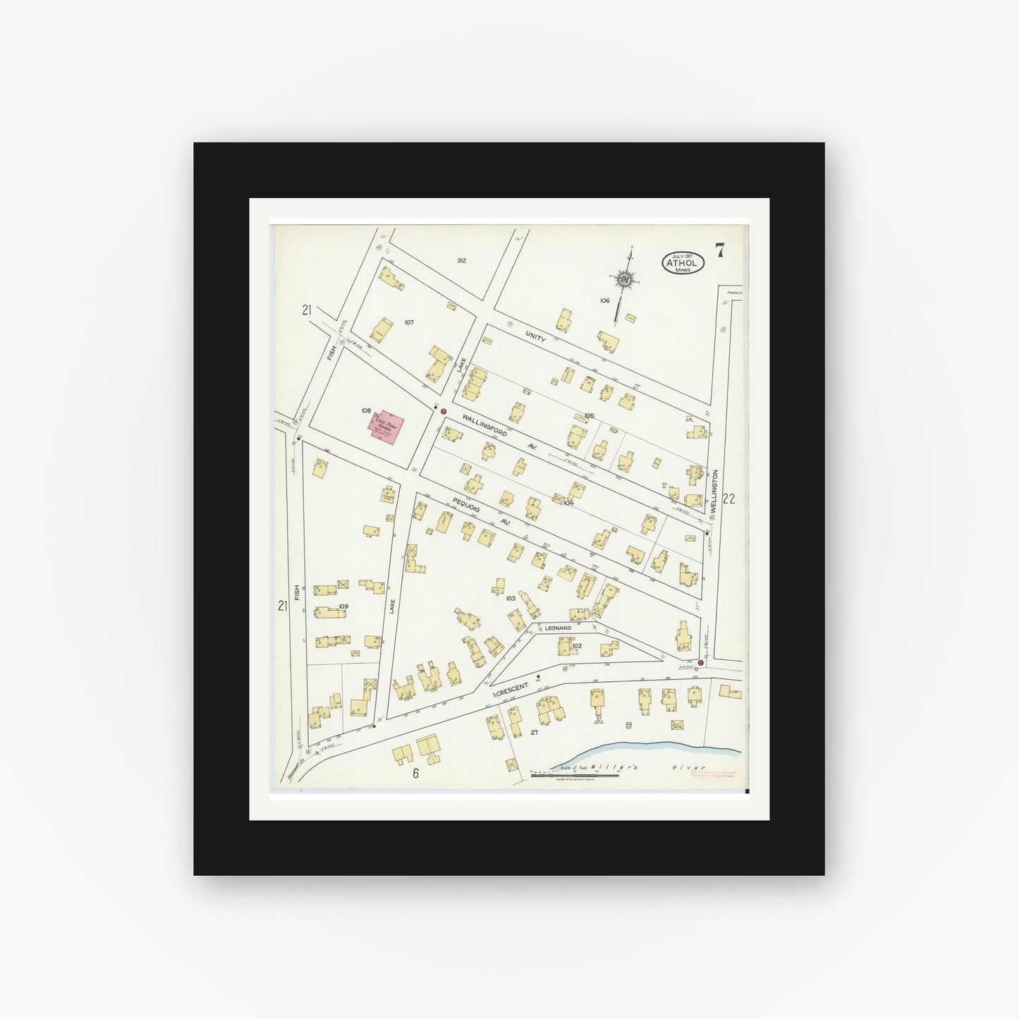 Old map wall art mockup — black gallery frame with white mat — Sanborn Fire Insurance Map from Athol, Worcester County, Massachusetts (1917), Sheet #0007