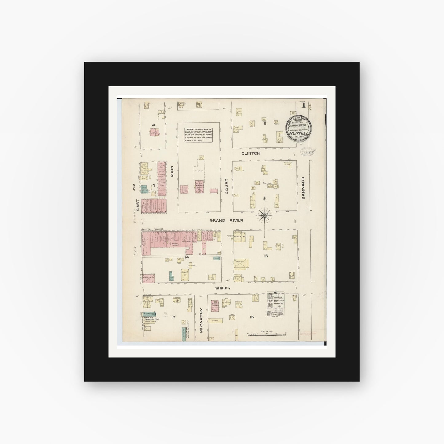Old map wall art mockup — black gallery frame with white mat — Sanborn Fire Insurance Map from Howell, Livingston County, Michigan (1883) - Complete Map Set