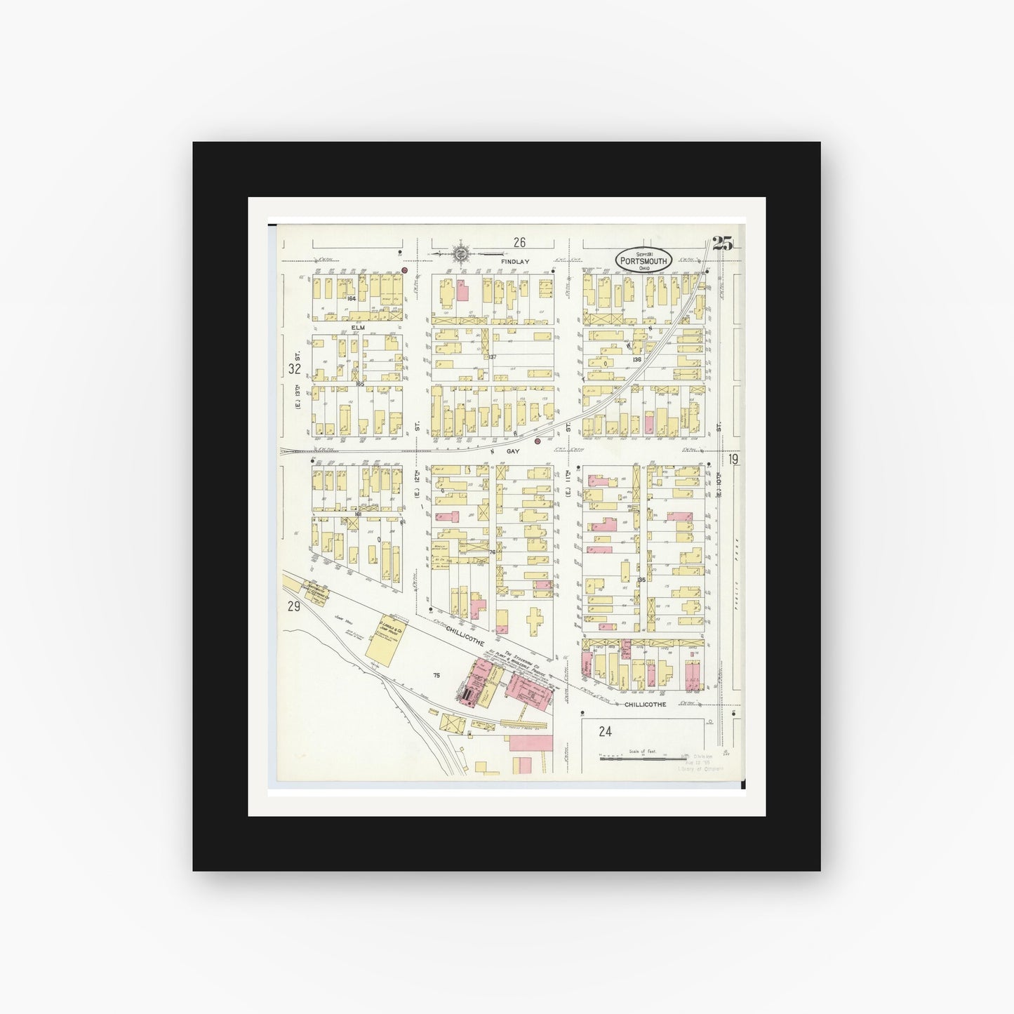 Old map wall art mockup — black gallery frame with white mat — Sanborn Fire Insurance Map from Portsmouth, Scioto County, Ohio (1911), Sheet #0025