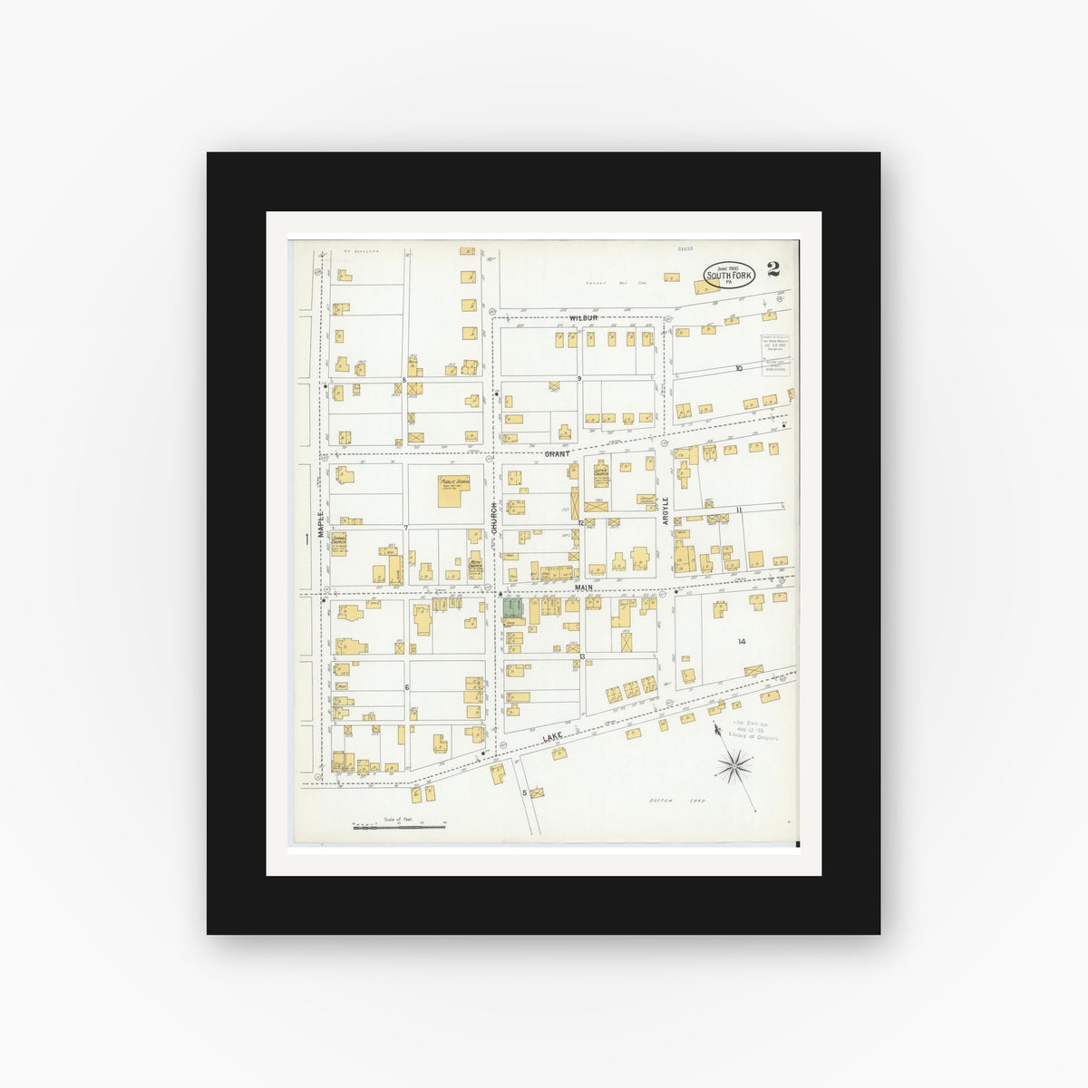 Old map wall art mockup — black gallery frame with white mat — Sanborn Fire Insurance Map from South Fork, Cambria County, Pennsylvania (1900), Sheet #0002