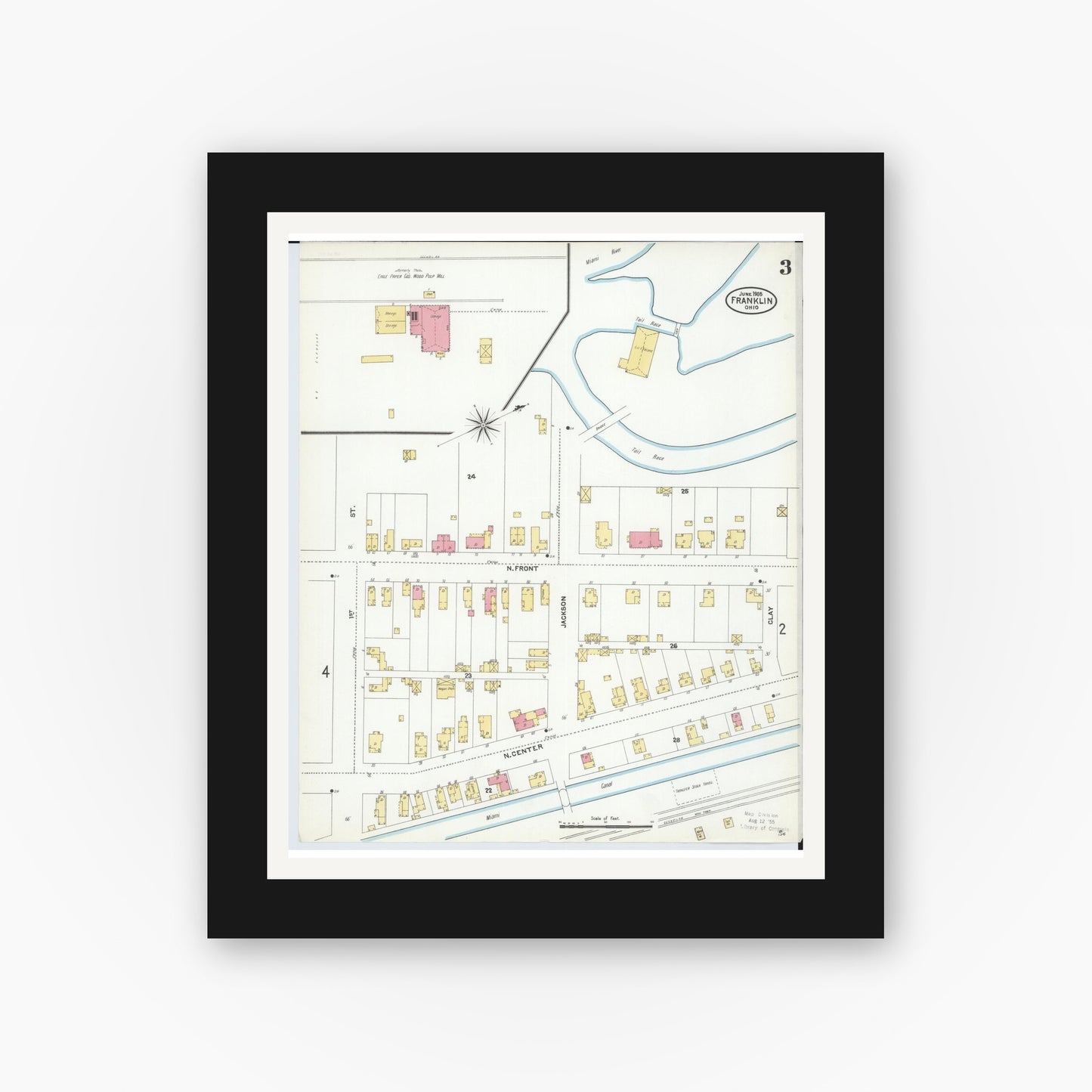 Old map wall art mockup — black gallery frame with white mat — Sanborn Fire Insurance Map from Franklin, Warren County, Ohio (1905), Sheet #0003