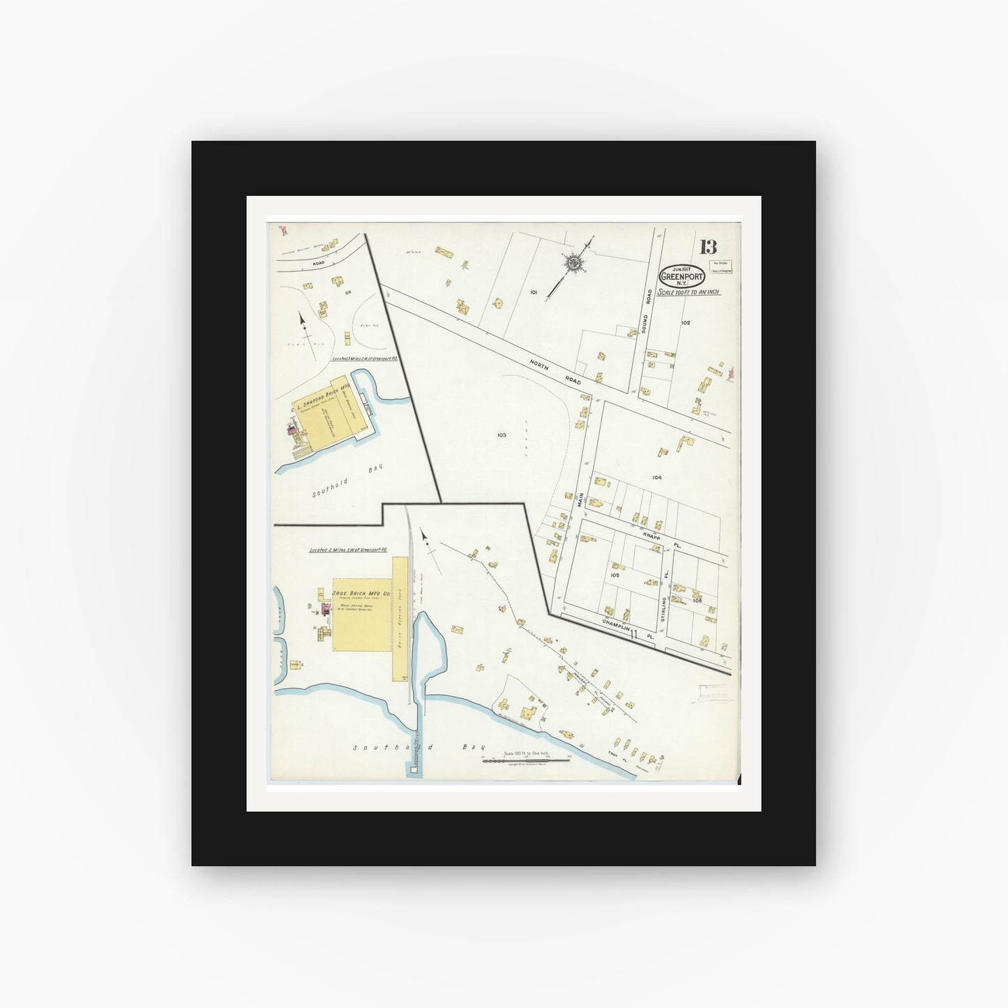 Old map wall art mockup — black gallery frame with white mat — Sanborn Fire Insurance Map from Greenport, Suffolk County, New York (1917), Sheet #0013