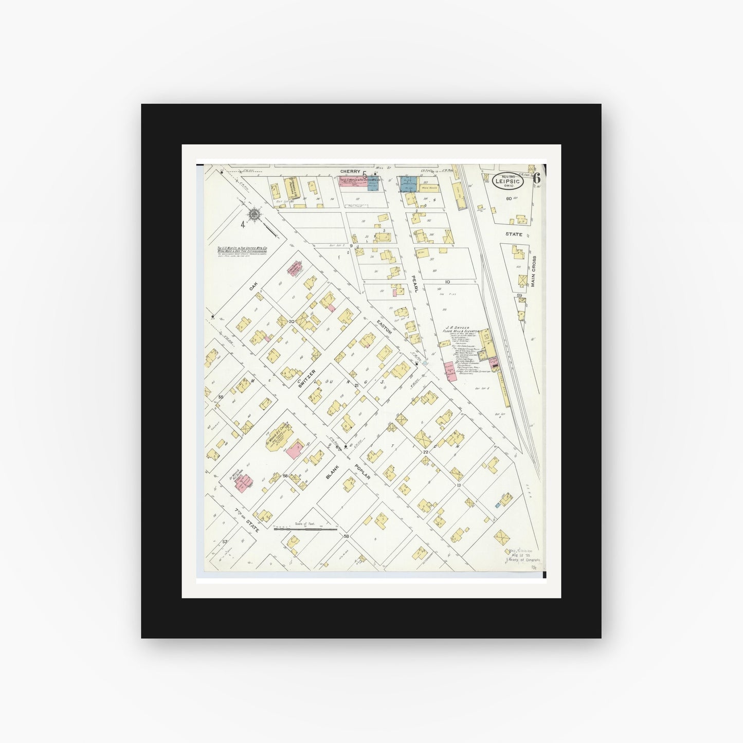 Old map wall art mockup — black gallery frame with white mat — Sanborn Fire Insurance Map from Leipsic, Putnam County, Ohio (1910), Sheet #0006