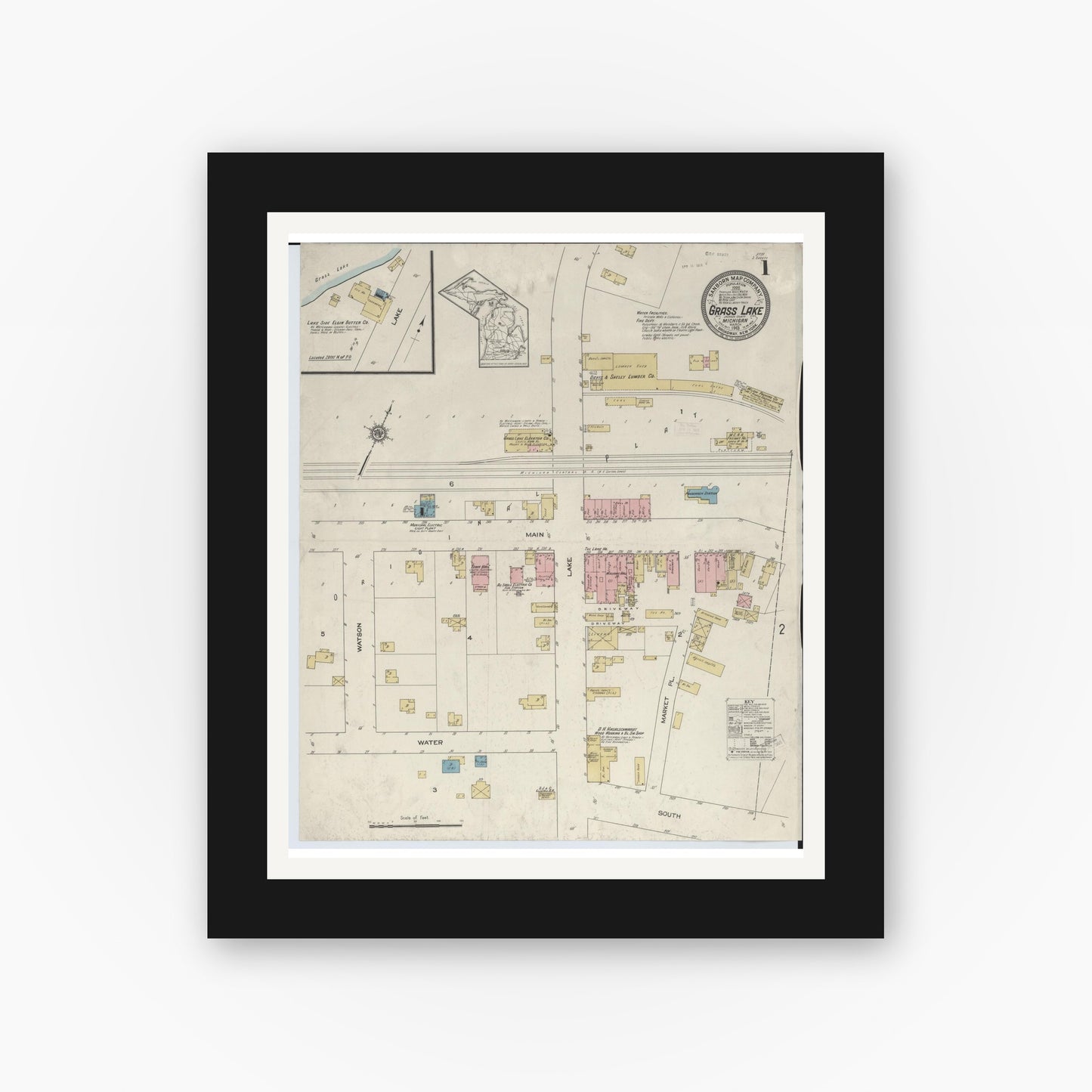 Old map wall art mockup — black gallery frame with white mat — Sanborn Fire Insurance Map from Grass Lake, Jackson County, Michigan (1913) - Complete Map Set