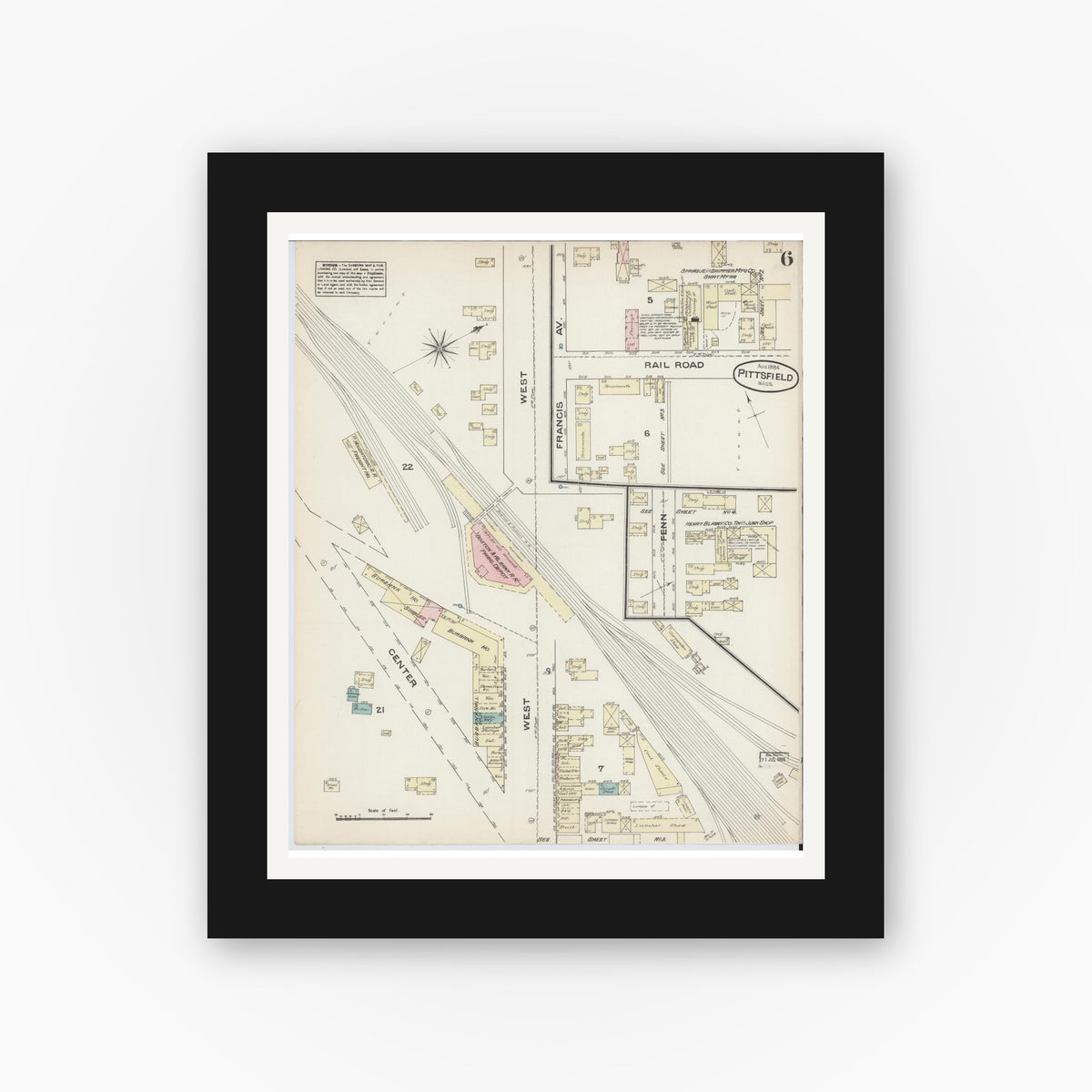 Old map wall art mockup — black gallery frame with white mat — Sanborn Fire Insurance Map from Pittsfield, Berkshire County, Massachusetts (1884), Sheet #0006