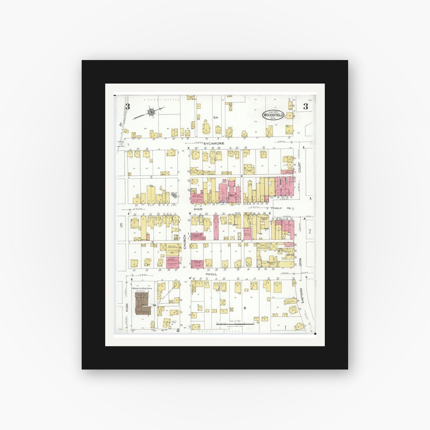 Old map wall art mockup — black gallery frame with white mat — Sanborn Fire Insurance Map from Woodsfield, Monroe County, Ohio (1923), Sheet #0003