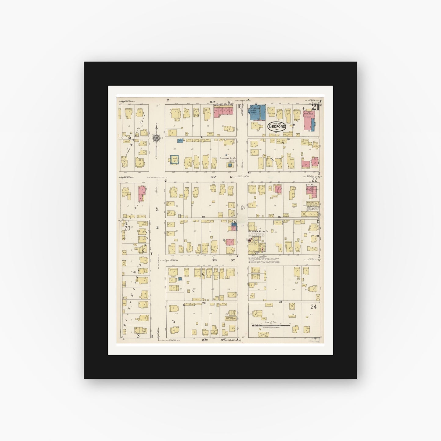 Old map wall art mockup — black gallery frame with white mat — Sanborn Fire Insurance Map from Bedford, Lawrence County, Indiana (1922), Sheet #0021