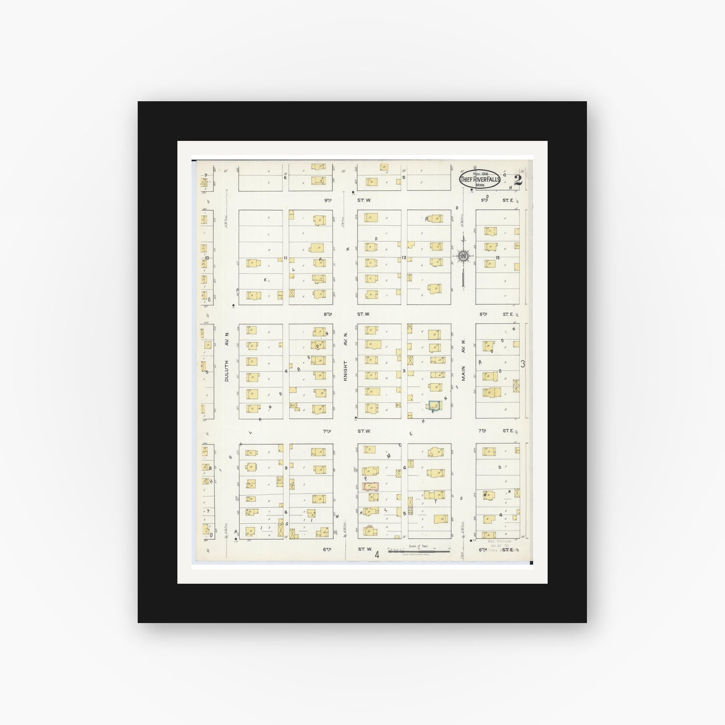 Old map wall art mockup — black gallery frame with white mat — Sanborn Fire Insurance Map from Thief River Falls, Pennington County, Minnesota (1916), Sheet #0002