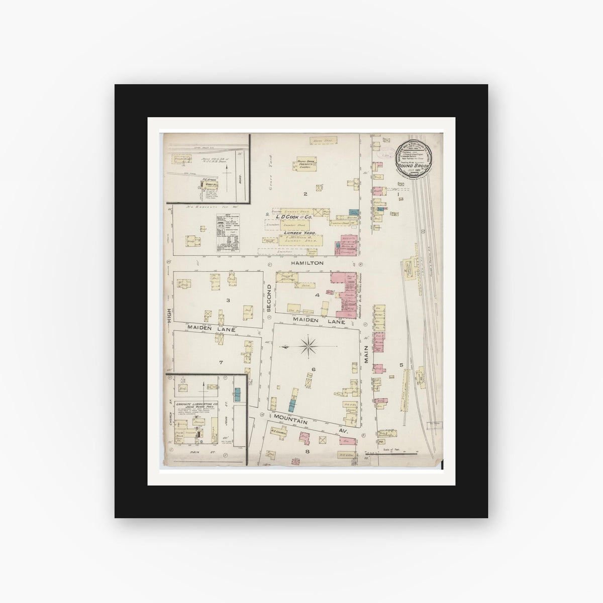 Old map wall art mockup — black gallery frame with white mat — Sanborn Fire Insurance Map from Bound Brook, Somerset County, New Jersey (1885), Sheet #0001
