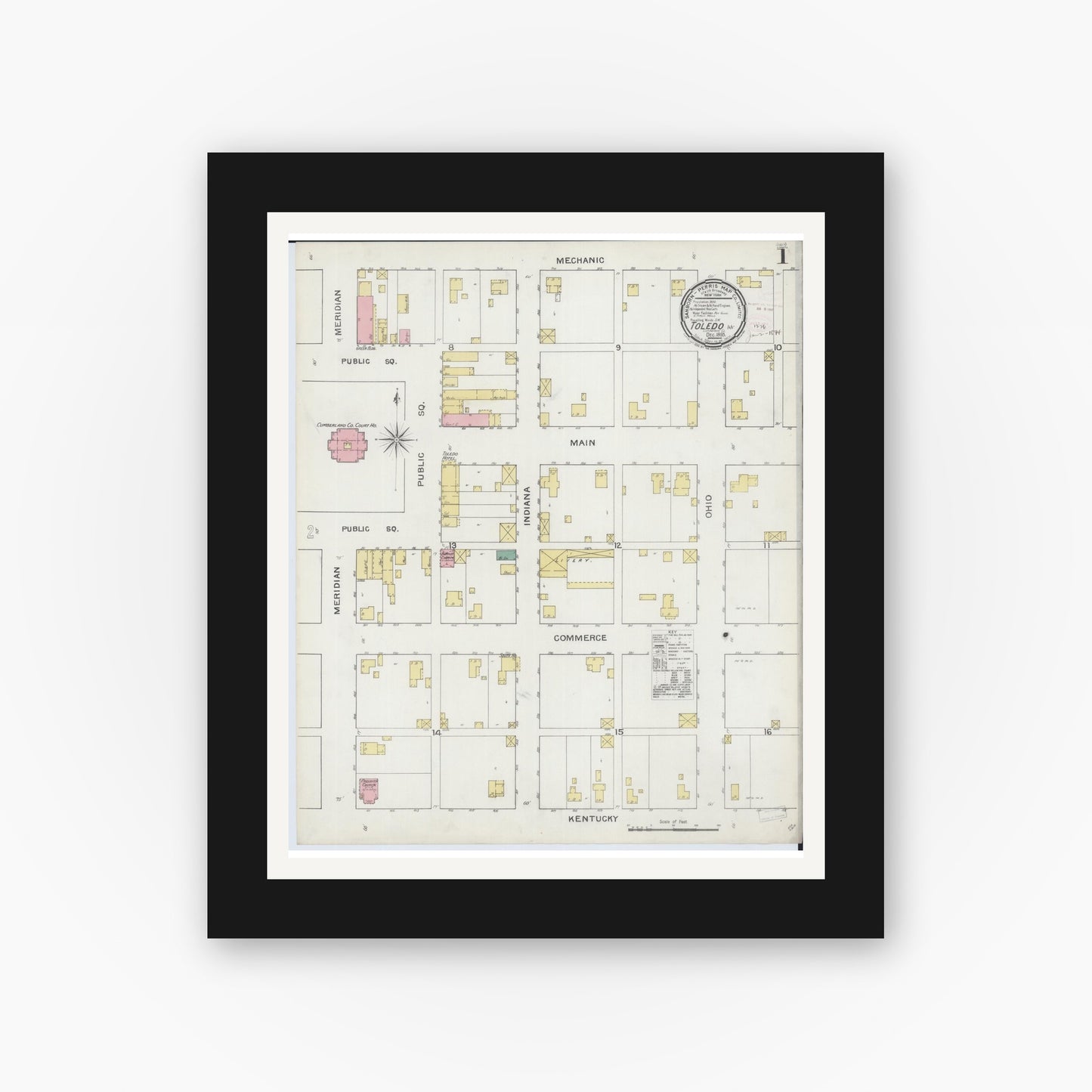 Old map wall art mockup — black gallery frame with white mat — Sanborn Fire Insurance Map from Toledo, Cumberland County, Illinois (1893) - Complete Map Set