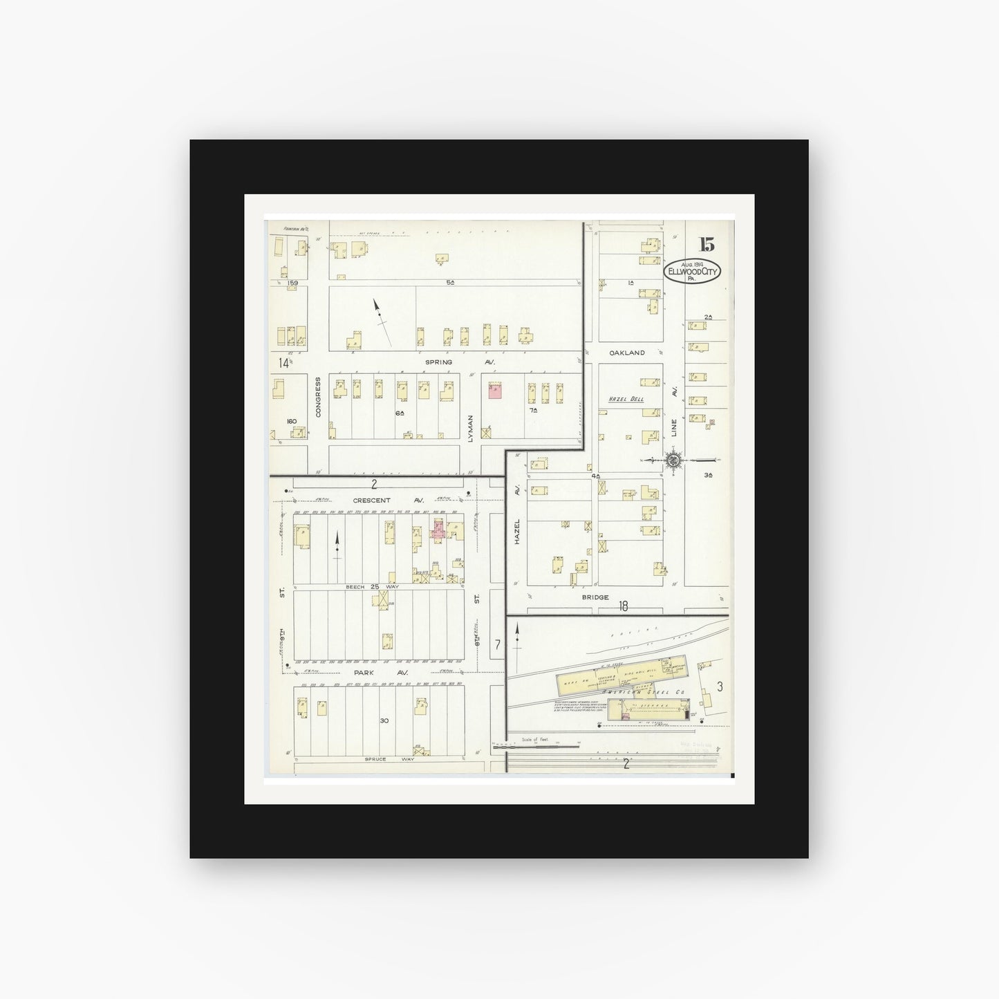 Old map wall art mockup — black gallery frame with white mat — Sanborn Fire Insurance Map from Ellwood City, Lawrence County, Pennsylvania (1914), Sheet #0015