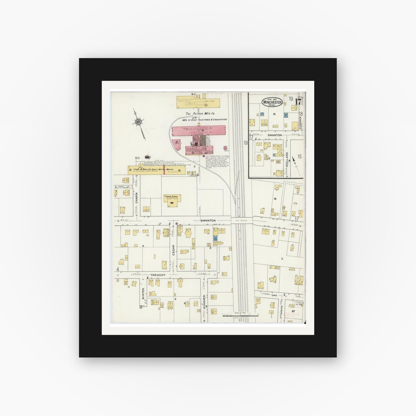 Old map wall art mockup — black gallery frame with white mat — Sanborn Fire Insurance Map from Winchester, Middlesex County, Massachusetts (1921), Sheet #0017