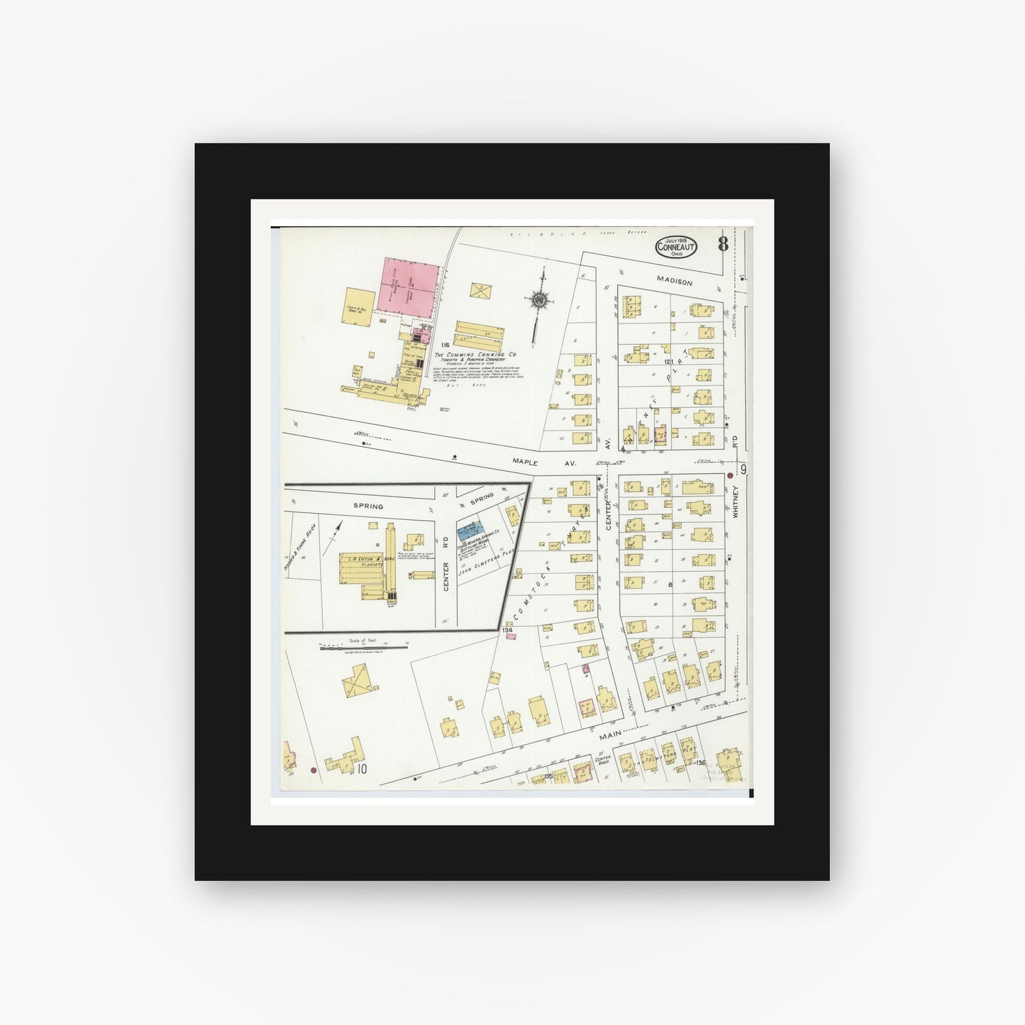 Old map wall art mockup — black gallery frame with white mat — Sanborn Fire Insurance Map from Conneaut, Ashtabula County, Ohio (1919), Sheet #0008