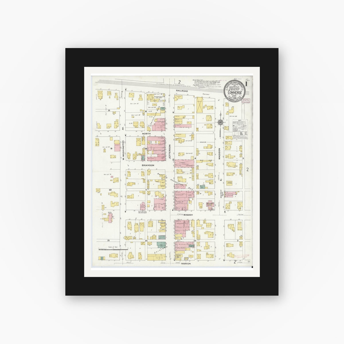 Old map wall art mockup — black gallery frame with white mat — Sanborn Fire Insurance Map from Converse, Miami County, Indiana (1909), Sheet #0001